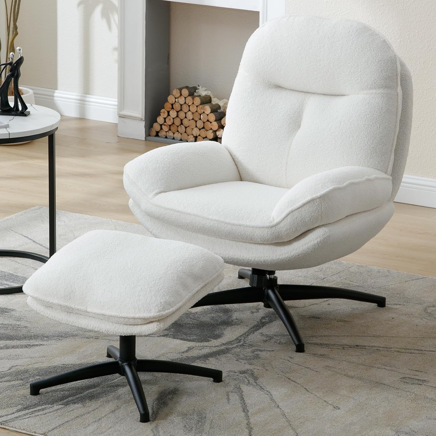 Accent Chair with Ottoman Modern Sherpa Living Room Chair, Swivel Leisure Upholstered Single Sofa Set, Reading Side Chair with Footrest for Small Spaces/Reception, Sherpa White