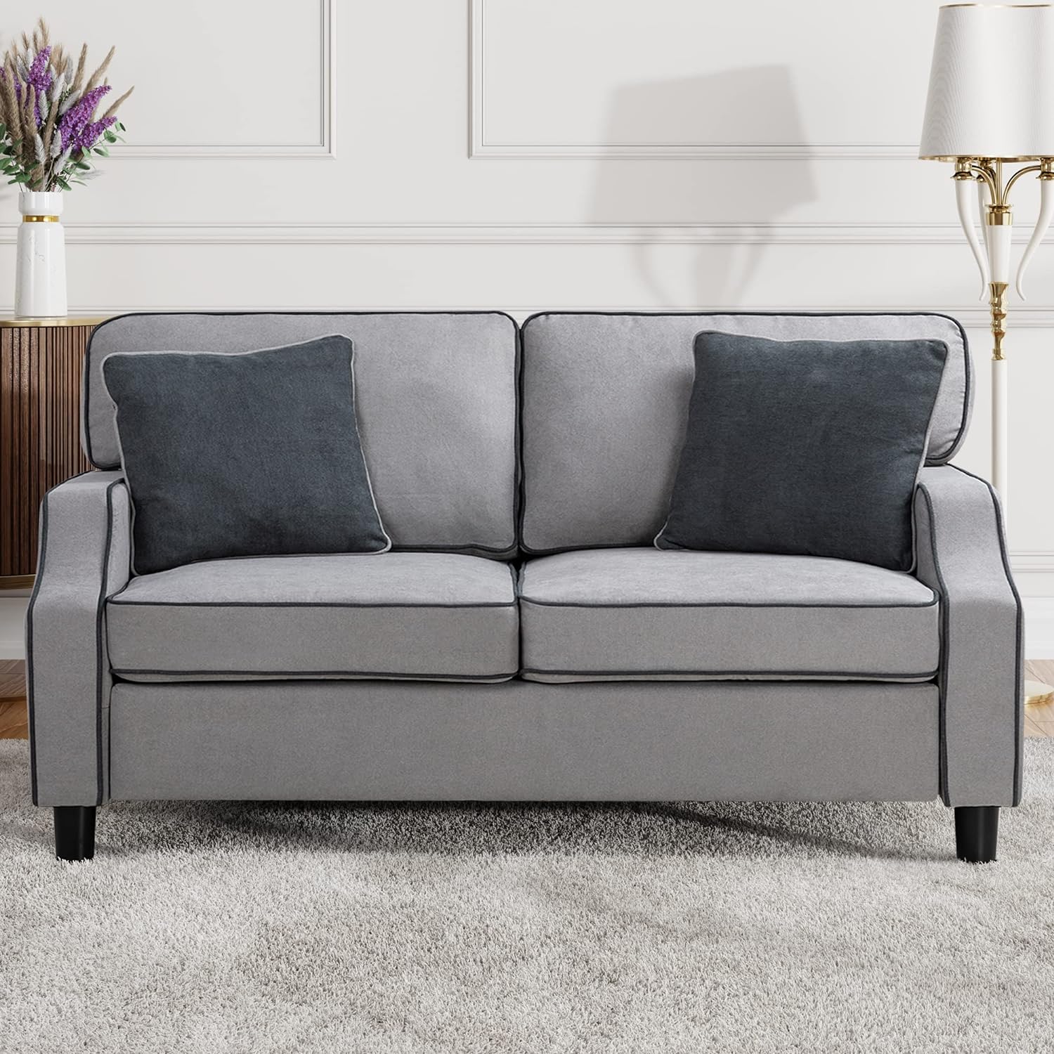 Shintenchi 56Small Modern Fabric Sofa Couch,Mid Century Linen Upholstered Fabric 2-Seat Sofa Loveseat Furniture with Pillow for Small Living Room, Apartment, Small Space,Light Gray