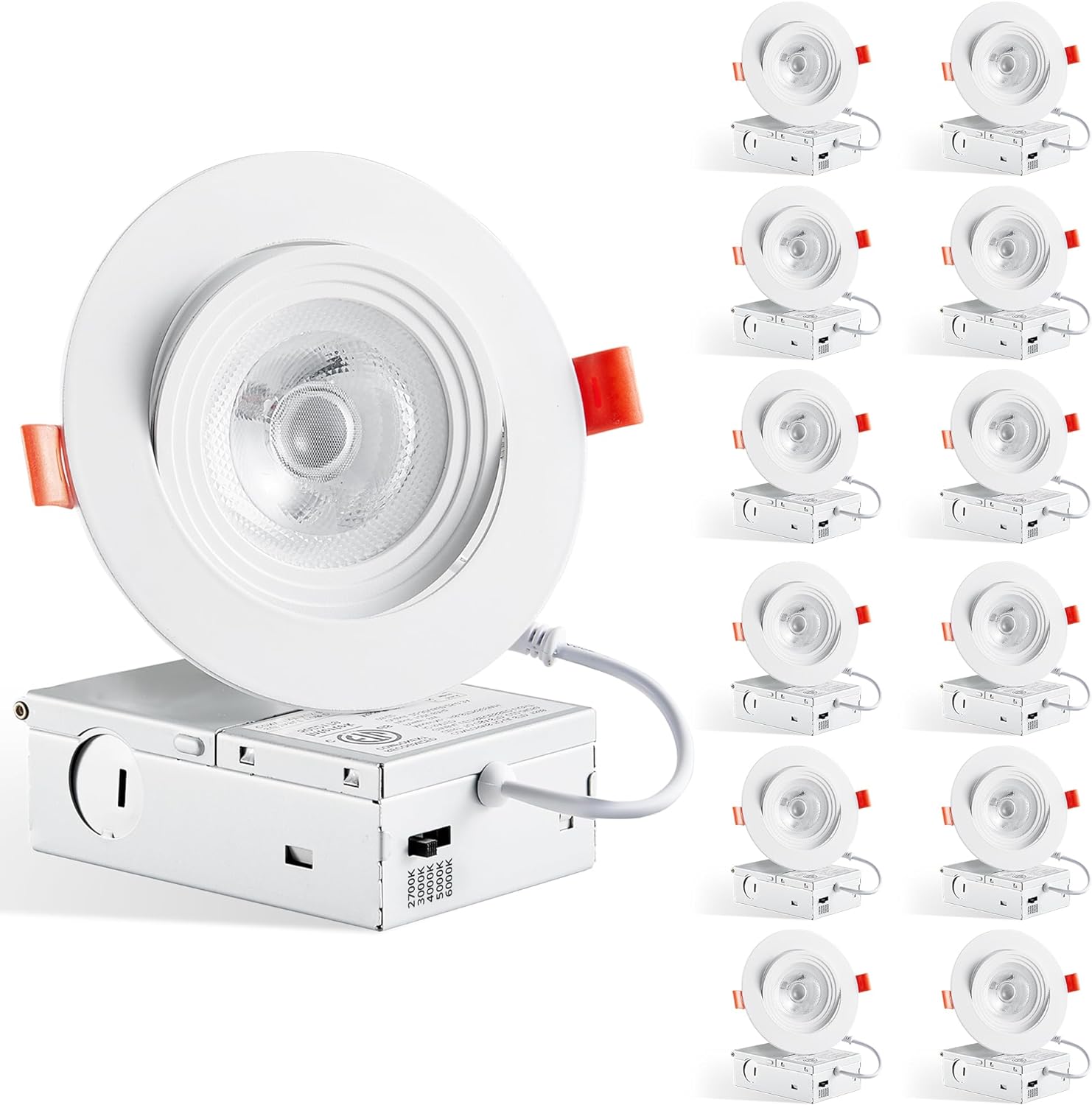 LEDIARY 12 Pack Gimbal LED Recessed Lighting 4 Inch, 5CCT Adjustable Recessed Light Slim Selectable 2700K-6000K,750LM Can Lights with Jbox,Canless Down Light Ceiling Light with IC Rated ETL Listed