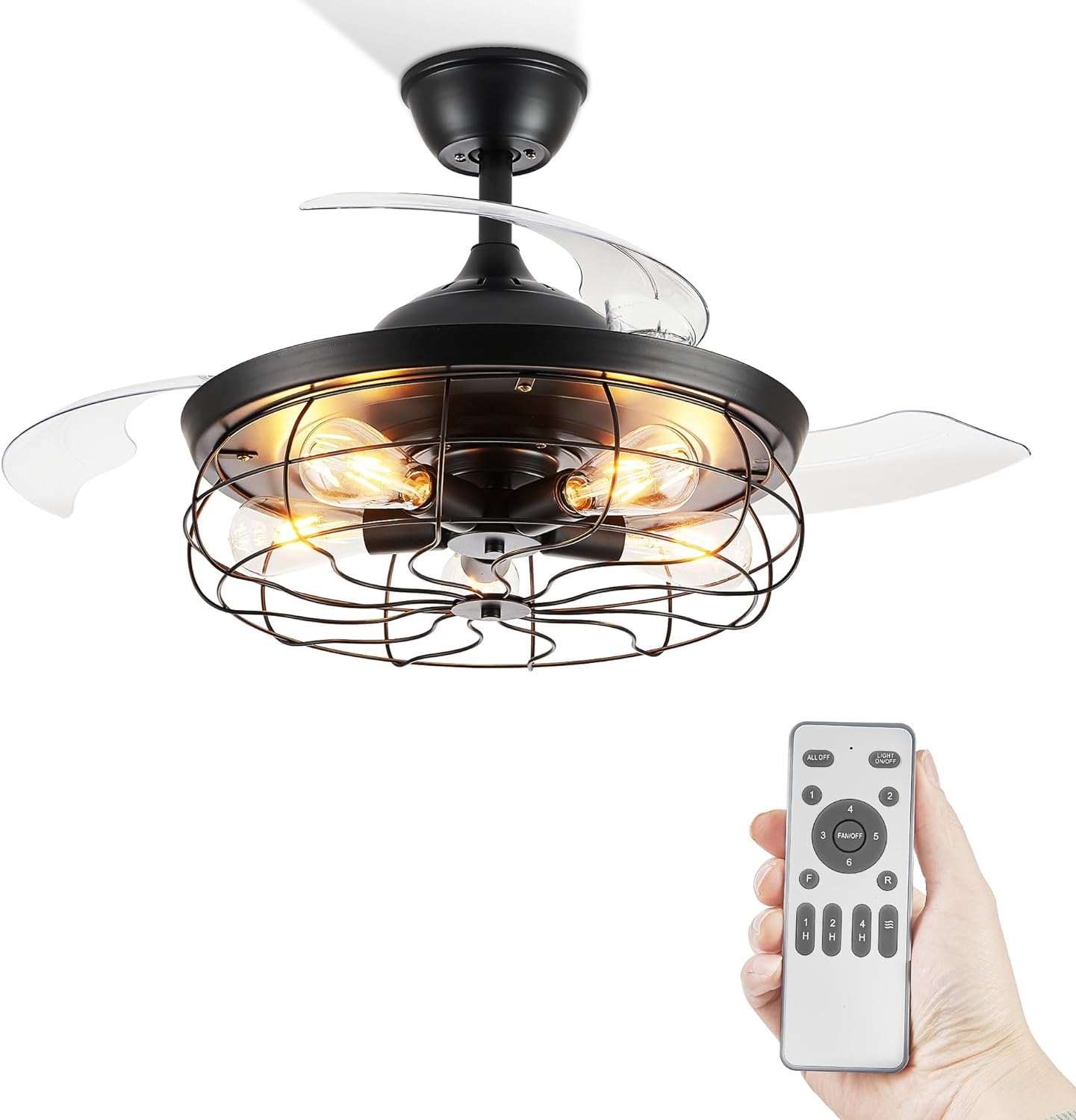 LEDIARY 42 Retractable Ceiling Fans with Lights, Farmhouse Industrial, Caged Fandelier Ceiling Fans with Remote, 6 Wind Speeds,Invisible Blades