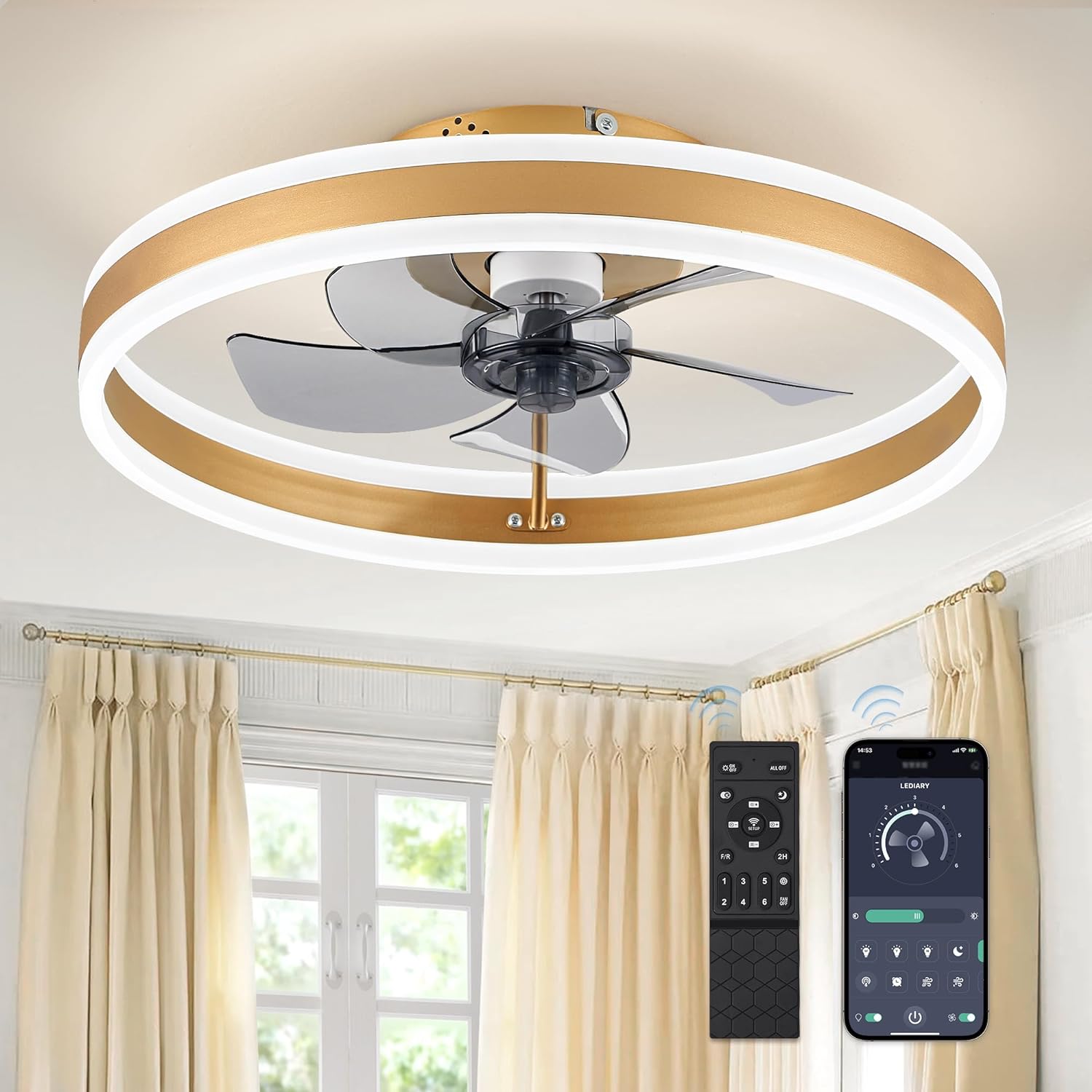 LEDIARY Low Profile Ceiling Fans with Lights, Flush Mount Modern Ceiling Fan and Remote Control, 19.7 LED Bladeless Ceiling Fans, Stepless Dimmable 3 Colors and 6 Speeds - Gold