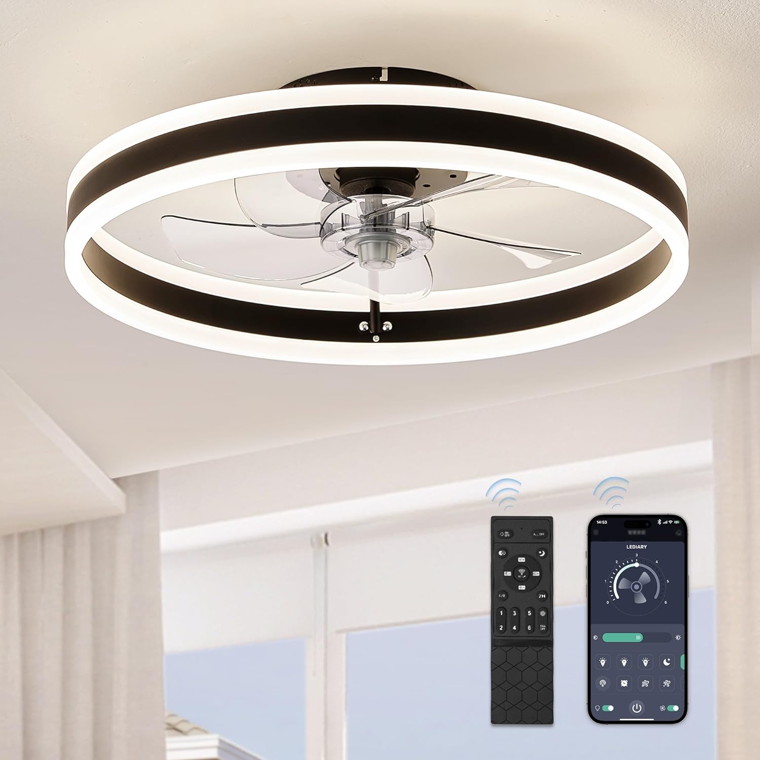 LEDIARY Low Profile Ceiling Fans with Lights, Flush Mount Modern Ceiling Fan and Remote Control, 19.7 LED Bladeless Ceiling Fans, Stepless Dimmable 3 Colors and 6 Speeds - Black