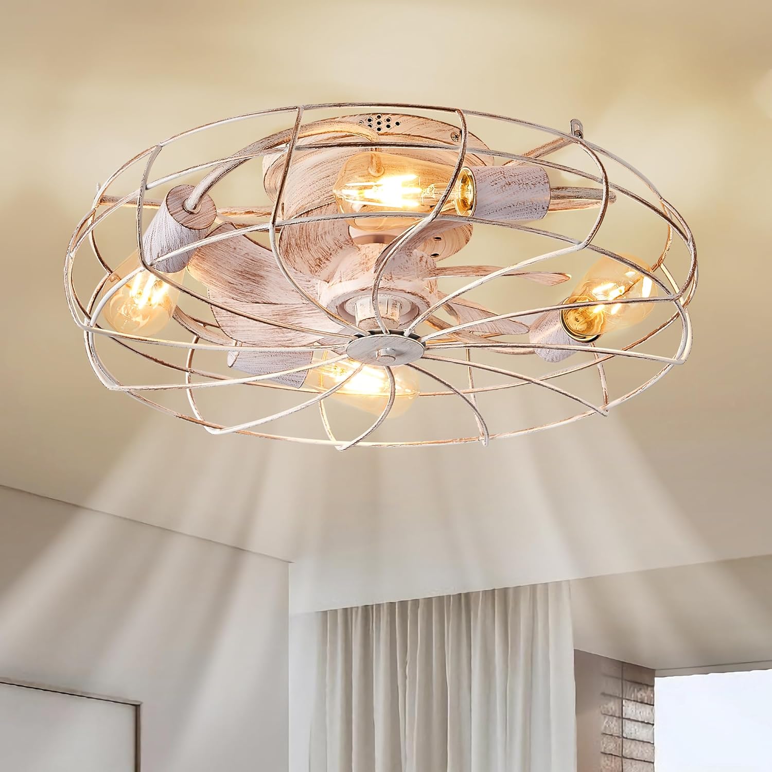 LEDIARY 20 Caged Ceiling Fans with Lights, Flush Mount Low Profile Ceiling Fan with Remote, Small Modern Farmhouse Industrial Ceiling Fan with Light for Bedroom, Kitchen, Dining Room, Indoor