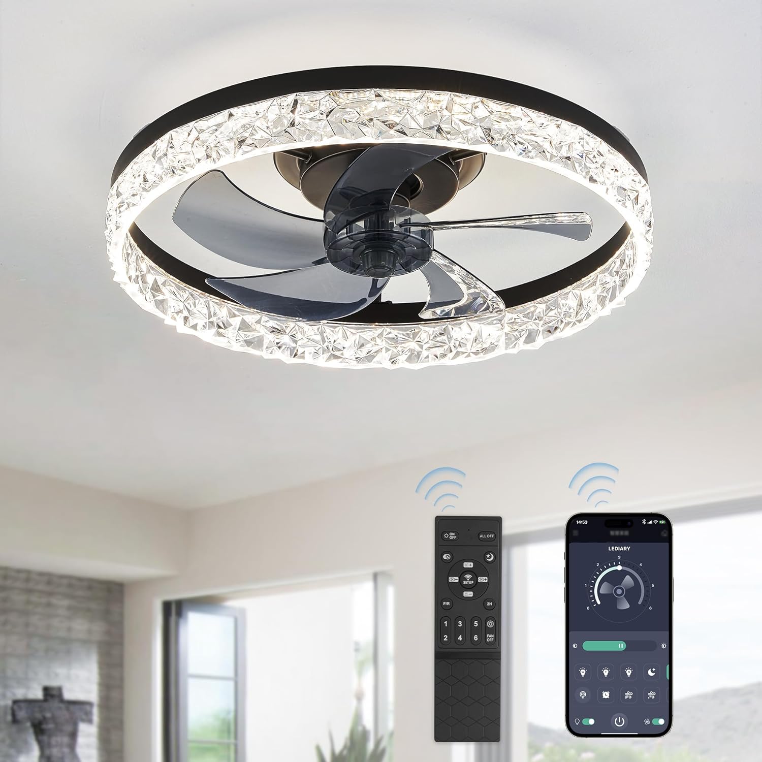 LEDIARY 20 Modern Ceiling Fans with Lights and Remote, Dimmable Low Profile Ceiling Fan, Flush Mount Bladeless Ceiling Fan, Stepless Color Temperature Change and 6 Speeds - Black