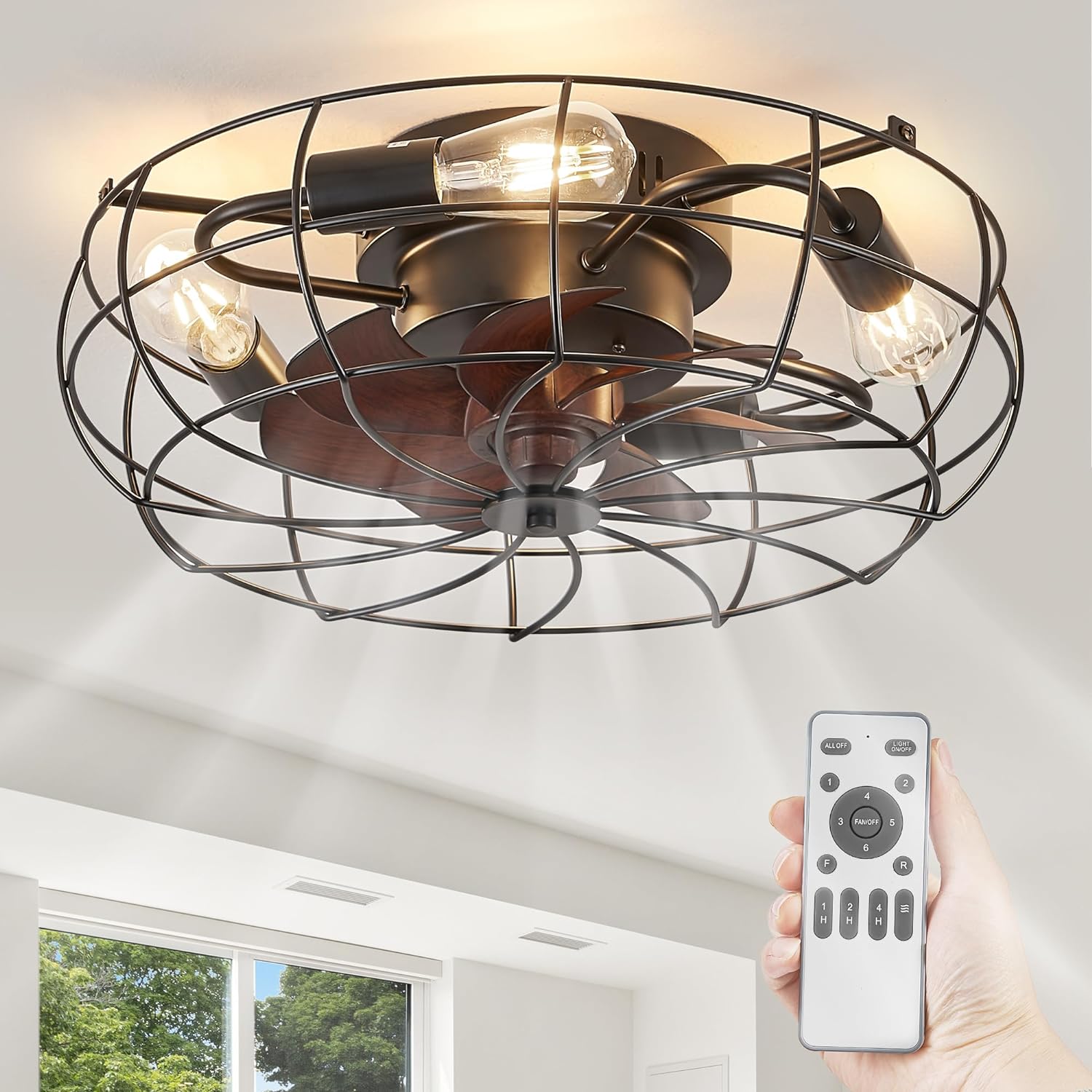 LEDIARY 20 Caged Ceiling Fans with Lights and Remote, Flush Mount Bladeless Ceiling Fan Low Profile, Small Farmhouse Industrial Enclosed Ceiling Fan with Light for Bedroom, Kitchen, Indoor