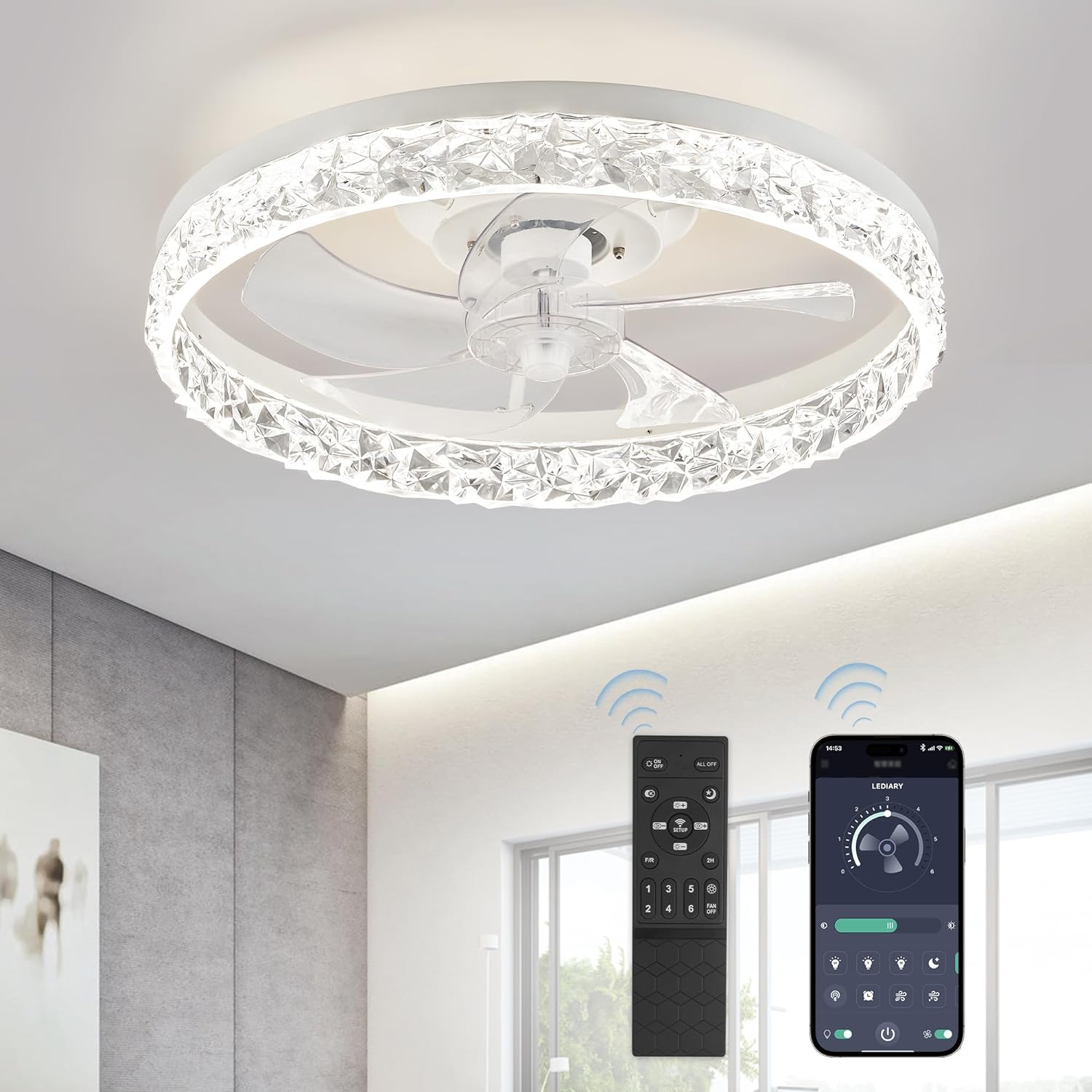 LEDIARY 20 Modern Ceiling Fans with Lights and Remote, Dimmable Low Profile Ceiling Fan, Flush Mount Bladeless Ceiling Fan, Stepless Color Temperature Change and 6 Speeds - White