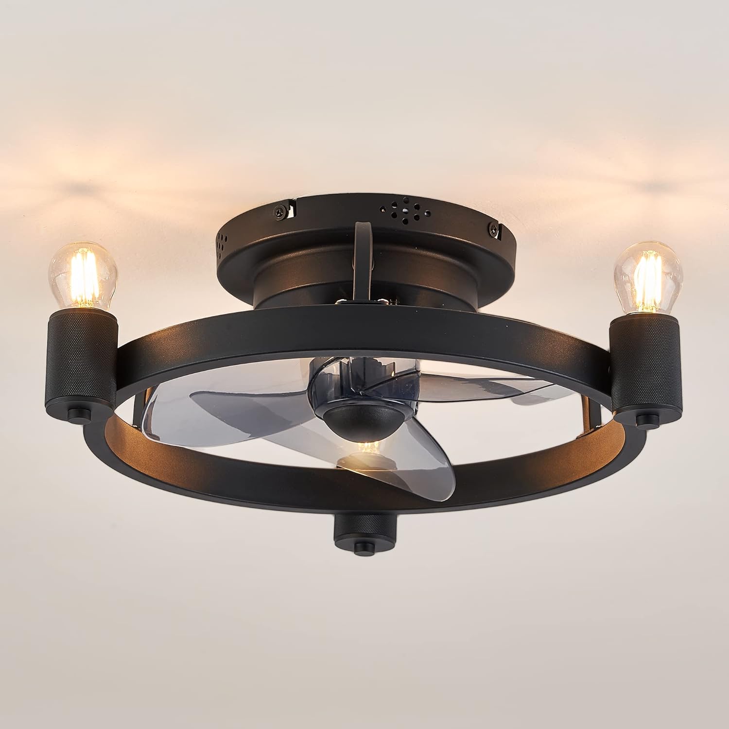 LEDIARY Black Ceiling Fans with Lights and Remote, 18.5 Inch Small Low Profile Flush Mount Ceiling Fan with Light, Farmhouse Modern Industrial Ceiling Fan for Bedroom,Kitchen,Home