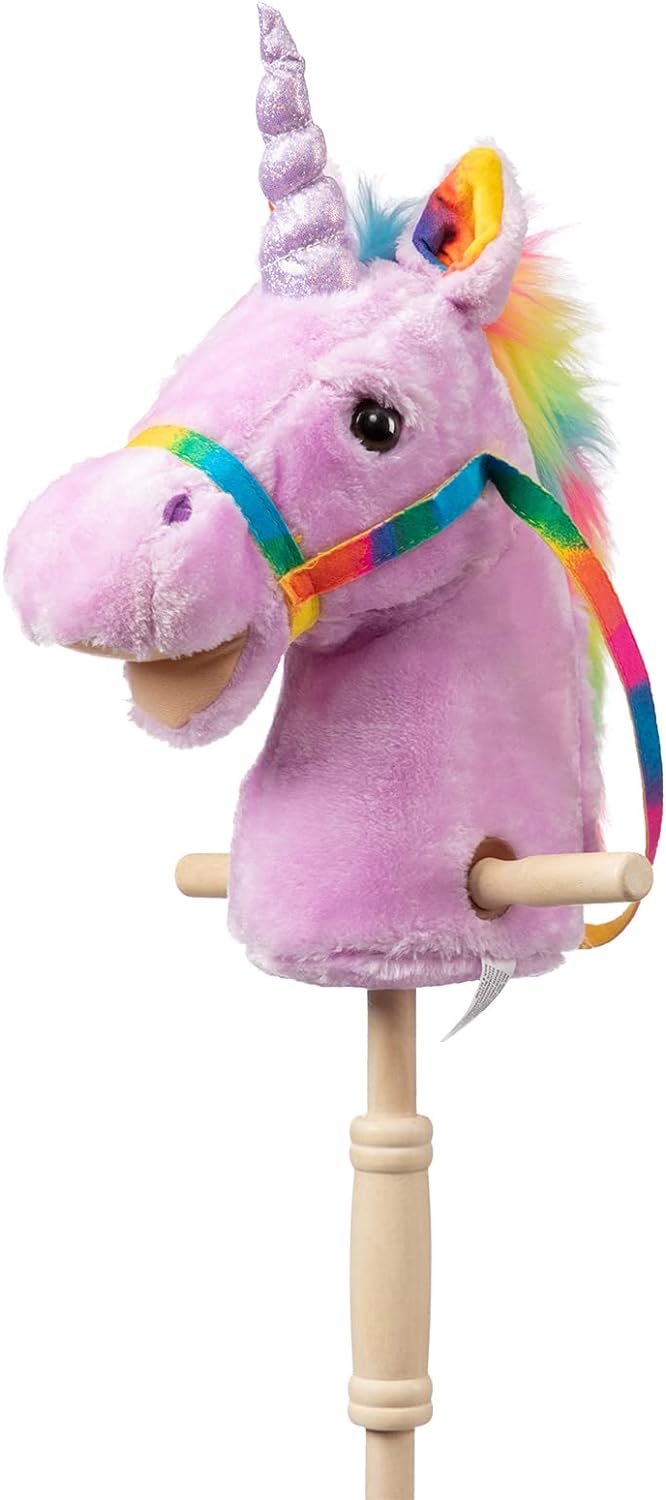 HollyHOME Plush Unicorn Stick Horse with Wood Wheels Real Pony Neighing and Galloping Sounds Plush Unicorn Toy Purple 37 Inches(AA Batteries Required)