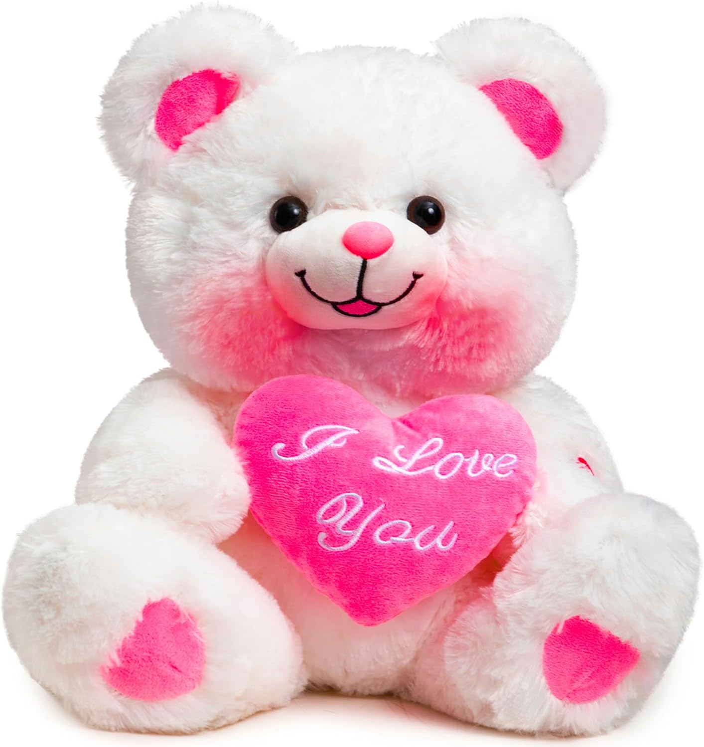 HollyHOME Teddy Bear with Pink Heart Plush Bear That Says I Love You and Blushes LED Stuffed Toys for Girlfriend and Kids Valentine' Day 13 inch White