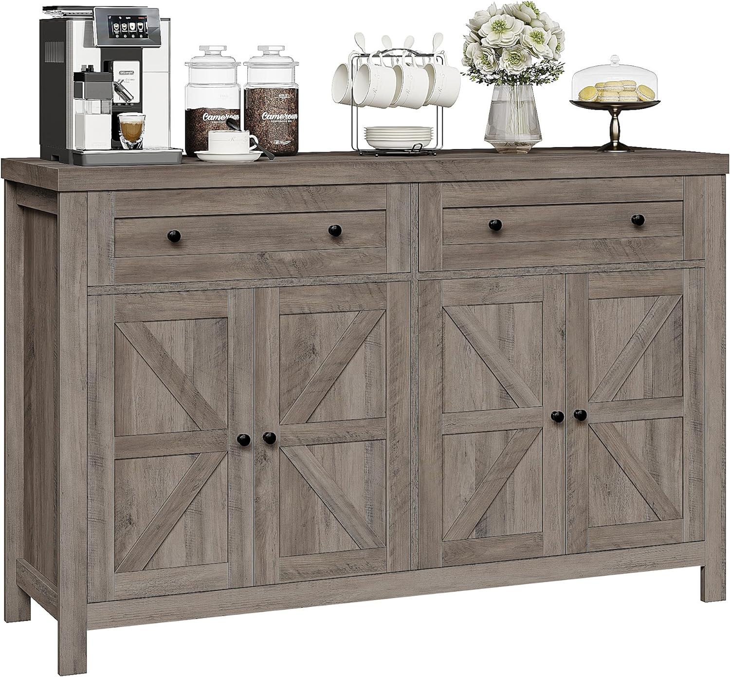 HOSTACK 55 Buffet Sideboard Cabinet with Storage, Modern Farmhouse Coffee Bar Cabinet with Drawers and Shelves, Barn Door Storage Cabinet for Kitchen, Living Room, Ash Grey