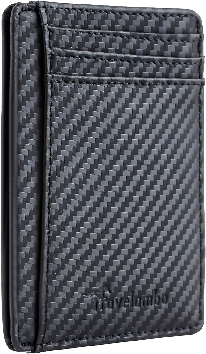 Travelambo Front Pocket Minimalist Leather Slim Wallet RFID Blocking Carbon Fiber Texture