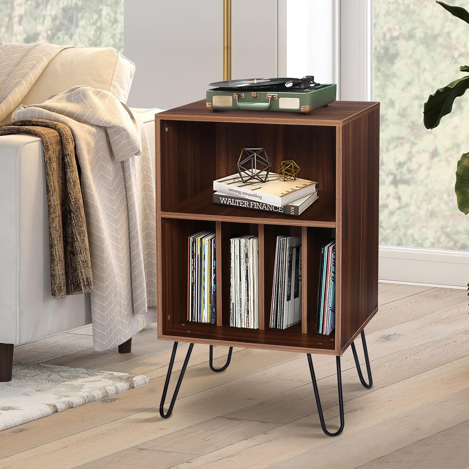 HOMMPA Record Player Stand Record Storage Stand Vinyl Record Storage Cabinet with Metal Hairpin Legs Record Player Table Holds Up to 150 Albums for Living Room Bedroom Brown