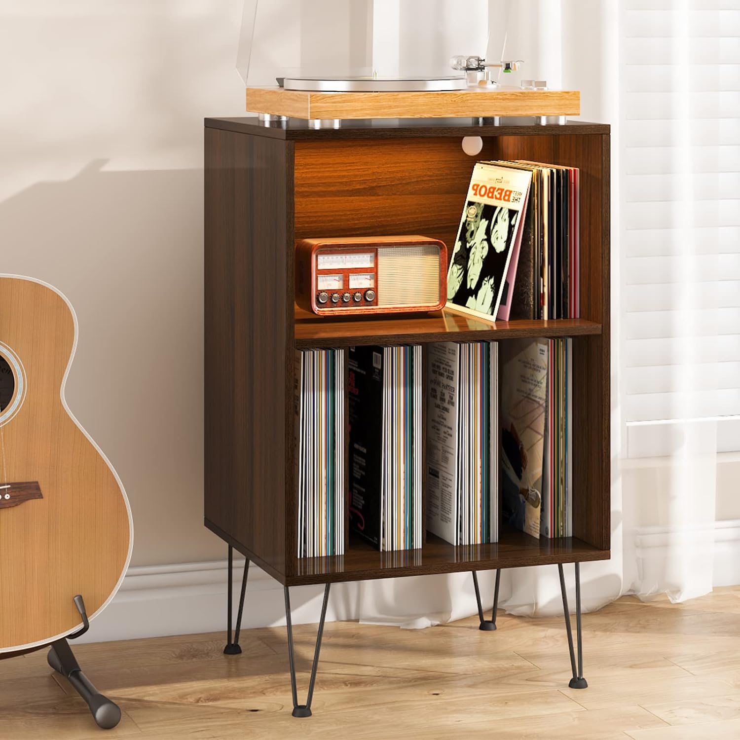 HOMMPA Record Player Stand with LED Lights Turntable Stand with Record Storage Vinyl Record Storage Cabinet with Metal Hairpin Legs Record Player Table Holds Up to 150 Albums for Living Room-Brown