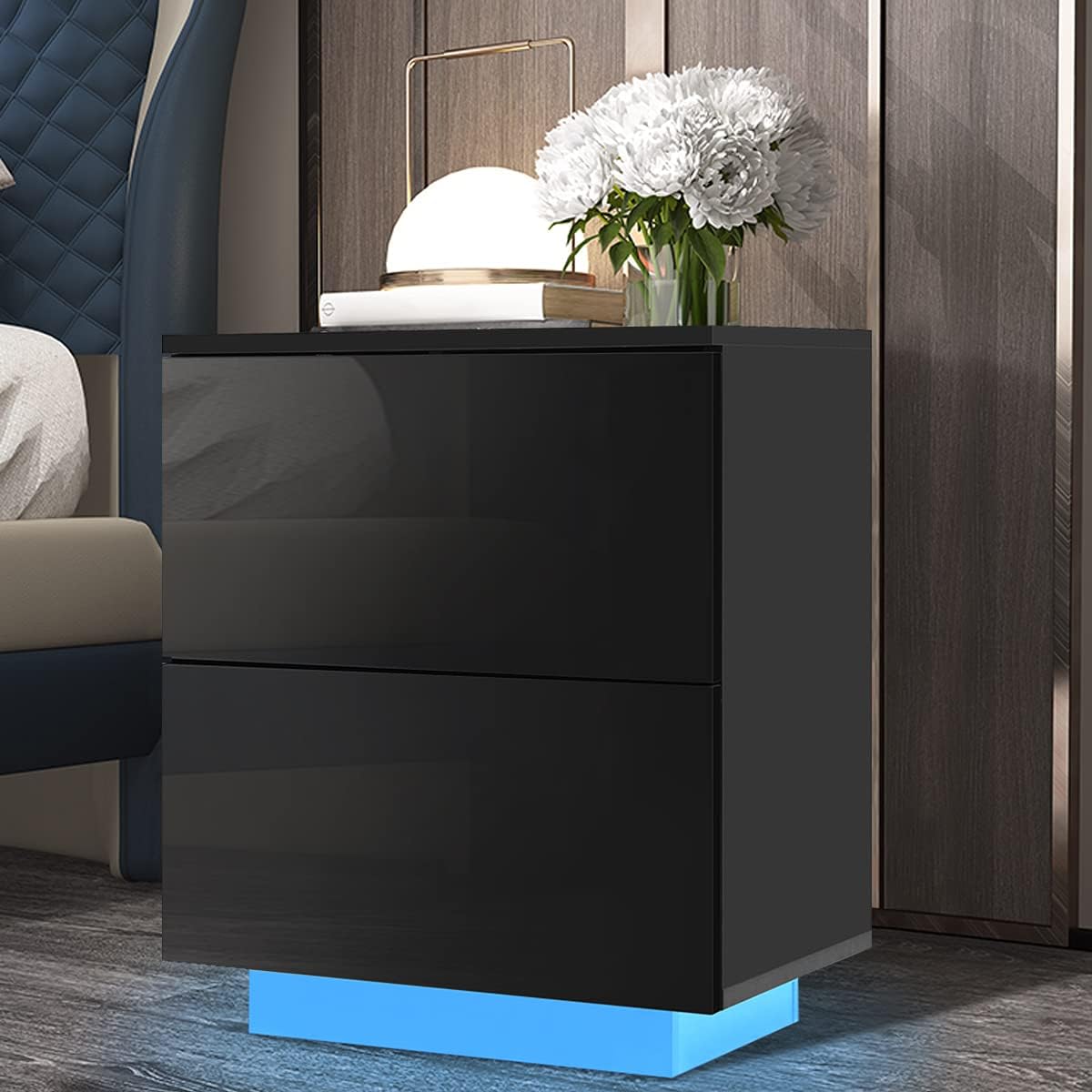 HOMMPA LED Nightstand with 2 High Gloss Drawers Modern Night Stand Black End Table Night Table with Storage Cabinet Bedside Table for Bedroom Furniture