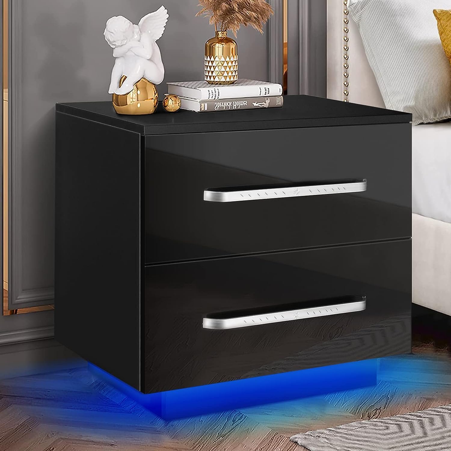 HOMMPA Small LED Nightstand Modern Black Led Bedside Table with Led Lights Wood Nightstand with 2 Drawers High Gloss Night Stand for Bedroom 19.7 Tall