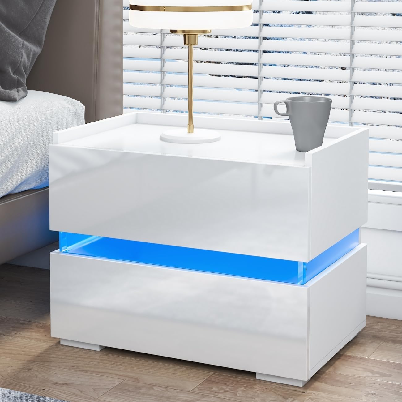 HOMMPA LED Nightstand with 2 Drawers Modern Nightstand White with Border Tabletop High Gloss Night Table LED Bedside Table with 16 Colors LED End Table Smart Nightstand for Bedroom Furniture