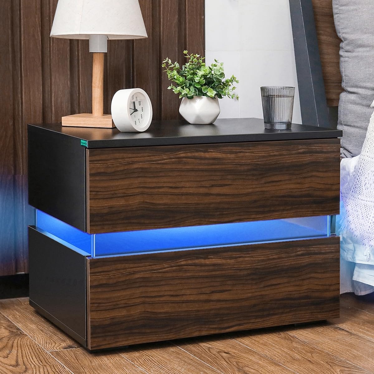 HOMMPA Modern LED Nightstand with 2 Drawers High Gloss Night Stand with Storage Cabinet Bedside End Tables with Drawers for Bedroom Furniture Brown