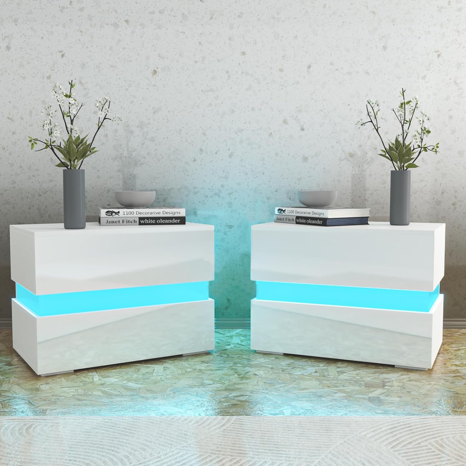 HOMMPA Set of 2 LED Nightstand White Matte Nightstand with 2 High Gloss Drawers Modern LED Bedside Table Night Stands with 16 Colors LED Lights Side Table with Storage for Bedroom