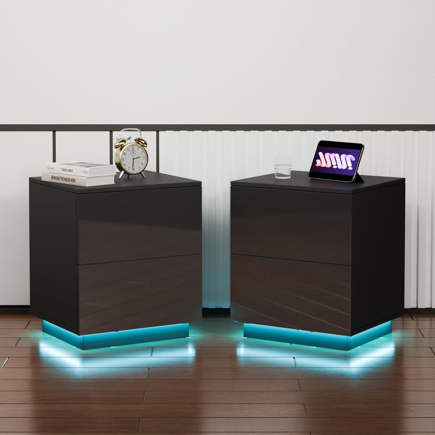 HOMMPA Set of 2 LED Nightstands with 2 High Gloss Drawers Modern Night Stand Black End Table Night Table with Storage Cabinet Bedside Table for Bedroom Furniture