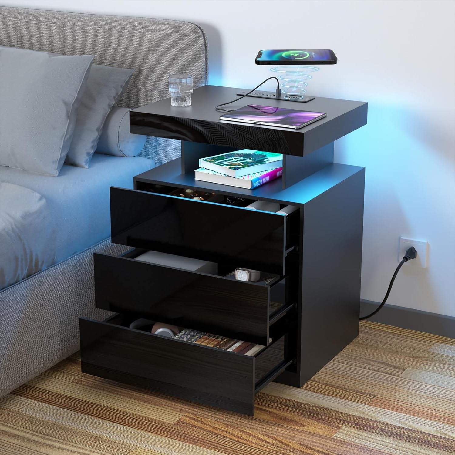 HOMMPA LED Nightstand with Wireless Charging Station 2 Outlets USB Port Type C Black Bedside Table with 3 Drawers Modern Smart LED Nightstand Tall 26.8in High Gloss Night Table with Light for Bedroom