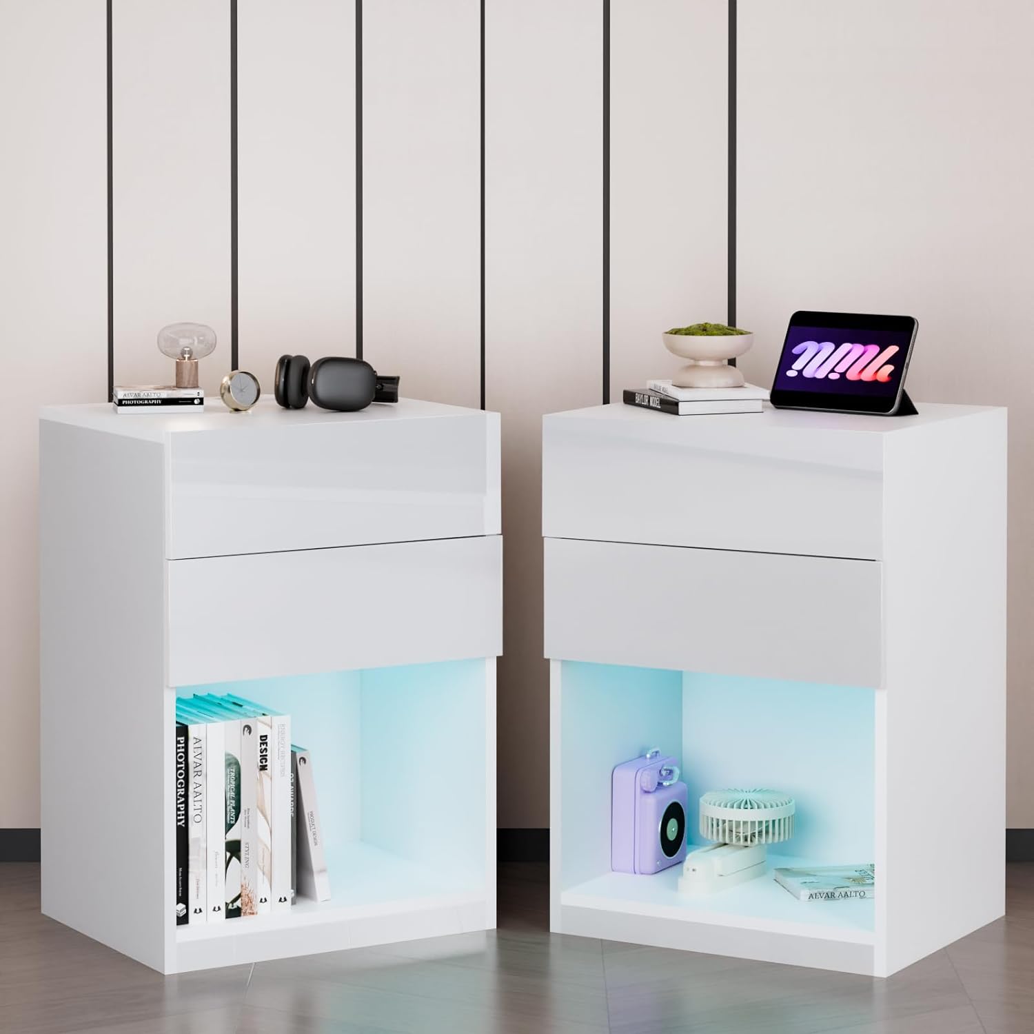 HOMMPA Set of 2 Open Shelf LED Nightstand with Charging Station White Bedside Table 2 Drawers Night Stand with Storage Smart Nightstands High Gloss Night Table with Led Light for Bedroom 26.77in Tall