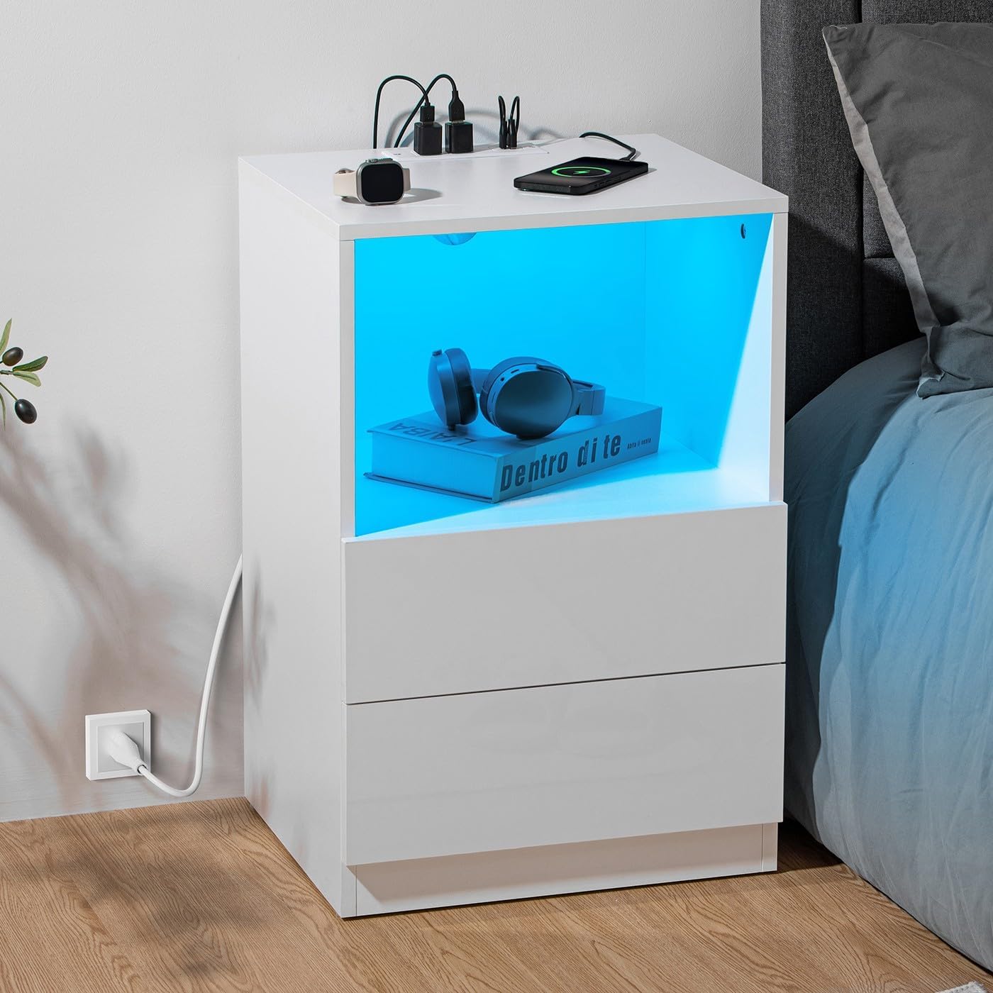 HOMMPA LED Nightstand with Open Shelf Night Stand with Charging Station USB Ports White Bedside Table with 2 Drawers High Gloss Night Table with Led Light Smart Nightstands 26.77in Tall for Bedroom