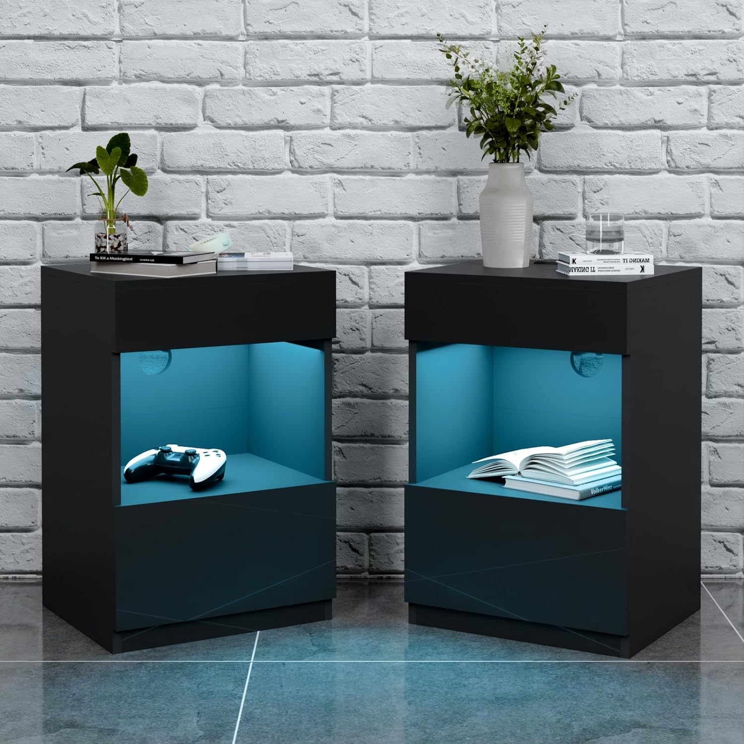 HOMMPA Set of 2 Open Shelf LED Nightstand with Charging Station 2 Drawers Bedside Table Black Night Stand with Storage Smart Nightstands High Gloss Night Table with Led Light for Bedroom Furniture