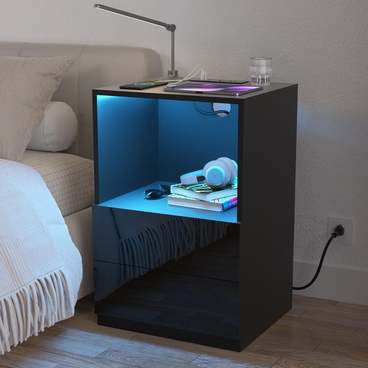 HOMMPA Open Shelf LED Nightstand with Charging Station Modern Bedside Table with 2 Drawers Night Stand Black High Gloss Night Table with Led Light Smart Nightstands for Bedroom 26.77in Tall