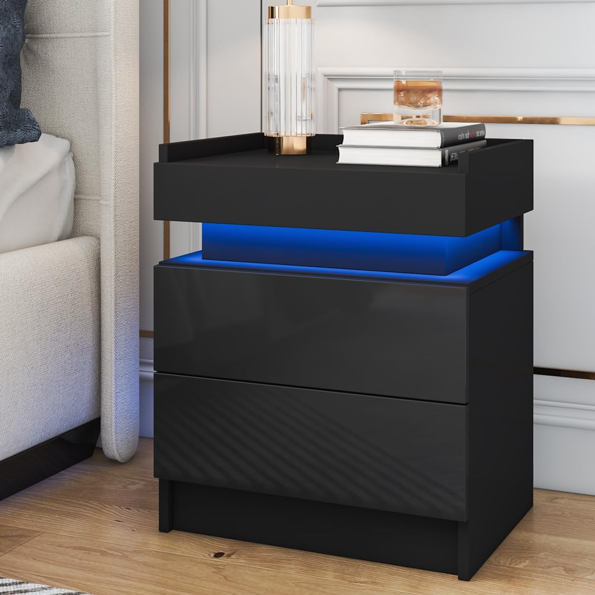 HOMMPA LED Nightstand Black Nightstand with Led Lights Modern Night Stand with 2 High Gloss Drawers Led Bedside Table with Border Tabletop Smart Nightstand for Bedroom 21.5 Tall