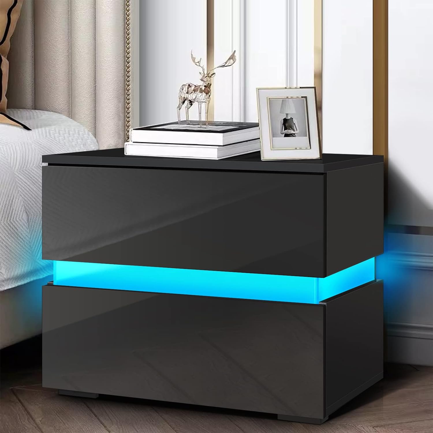 HOMMPA LED Nightstand with 2 Drawers Modern Nightstand Black with Storage Cabinet High Gloss Night Table LED Bedside Table with 16 Colors LED End Table Smart Nightstand for Bedroom Furniture