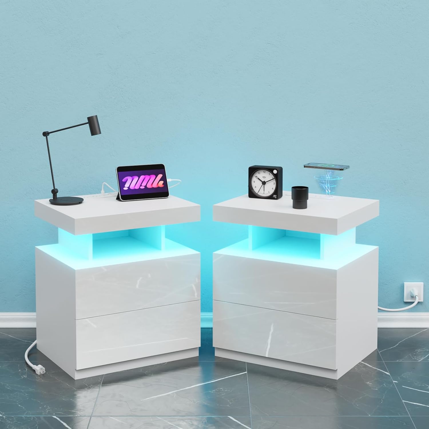 HOMMPA Set of 2 White LED Nightstand with Wireless Charging Station USB Port Type C Modern Bedside Table Smart LED Nightstand Tall 2 Drawers Night Table with Light High Gloss Night Stand for Bedroom