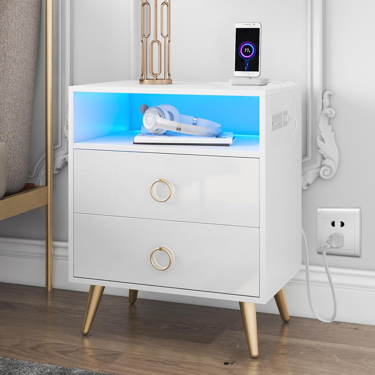 HOMMPA LED Nightstand with Charging Station White Night Stand with Open Shelf Bedside Table with 2 Drawers High Gloss Smart Nightstand with USB Ports Night Table for Bedroom with 16 Colors LED Light