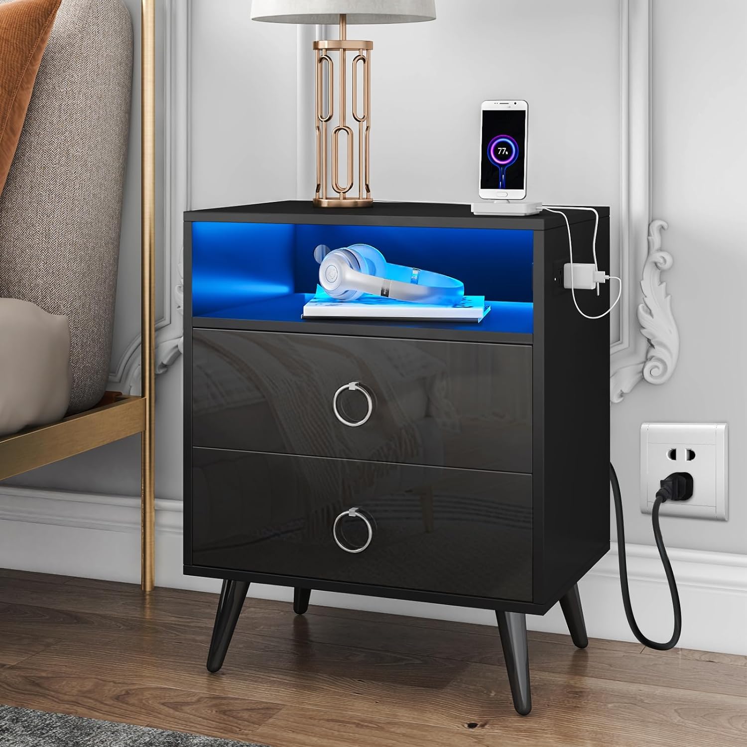 HOMMPA LED Nightstand with Charging Station Black Night Stand with Open Shelf Bedside Table with 2 Drawers High Gloss Smart Nightstand with USB Ports Night Table for Bedroom with 16 Colors LED Light