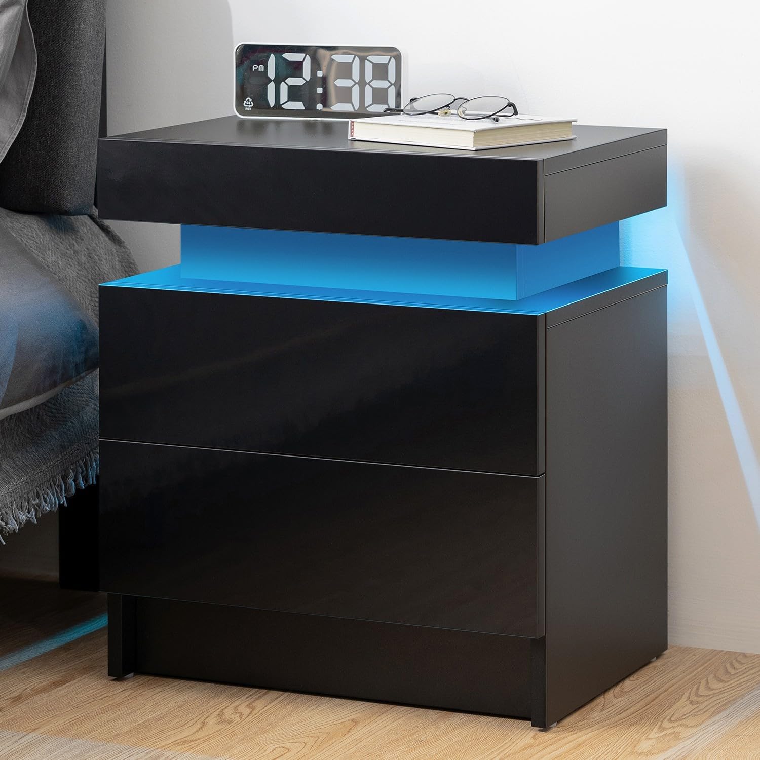 HOMMPA LED Nightstand Black Nightstand with Led Lights Modern Night Stand with 2 High Gloss Drawers Led Bedside Table Smart Nightstand for Bedroom 20.5 Tall