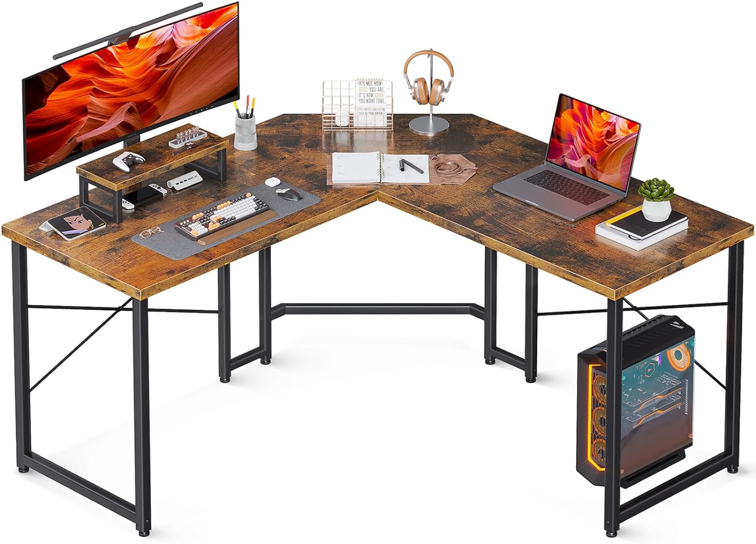 L Shaped Gaming Desk, Computer Corner Desk, PC Gaming Desk Table with Large Monitor Riser Stand for Home Office Sturdy Writing Workstation, Vintage