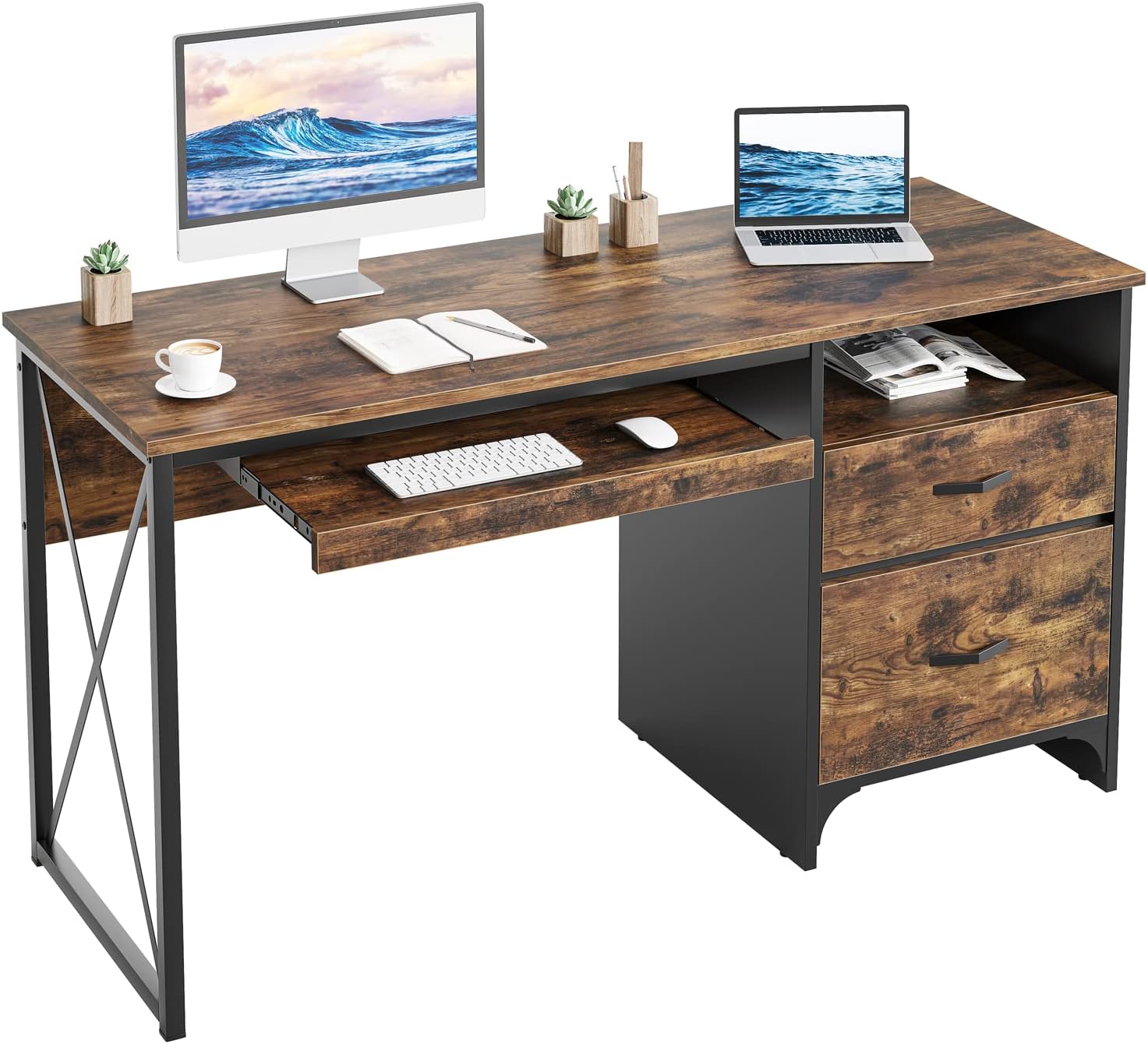 Bestier Office Desk with Drawers, 55 inch Industrial Computer Desk with Storage, Wood Teacher Desk with Keyboard Tray & File Drawer for Home Office, Rustic Brown