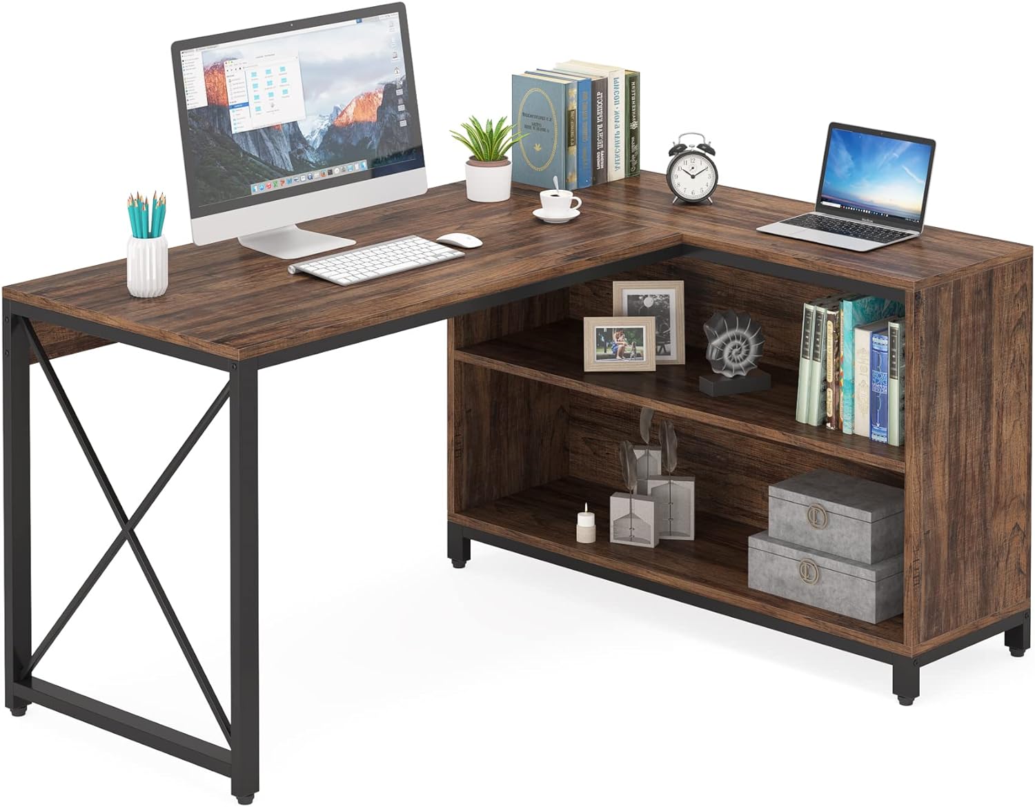 Tribesigns Reversible Industrial L-Shaped Desk with Enclosed Storage Shelves, Corner Computer Desk PC Laptop Study Table Workstation for Home Office Small Space (Brown, 55)