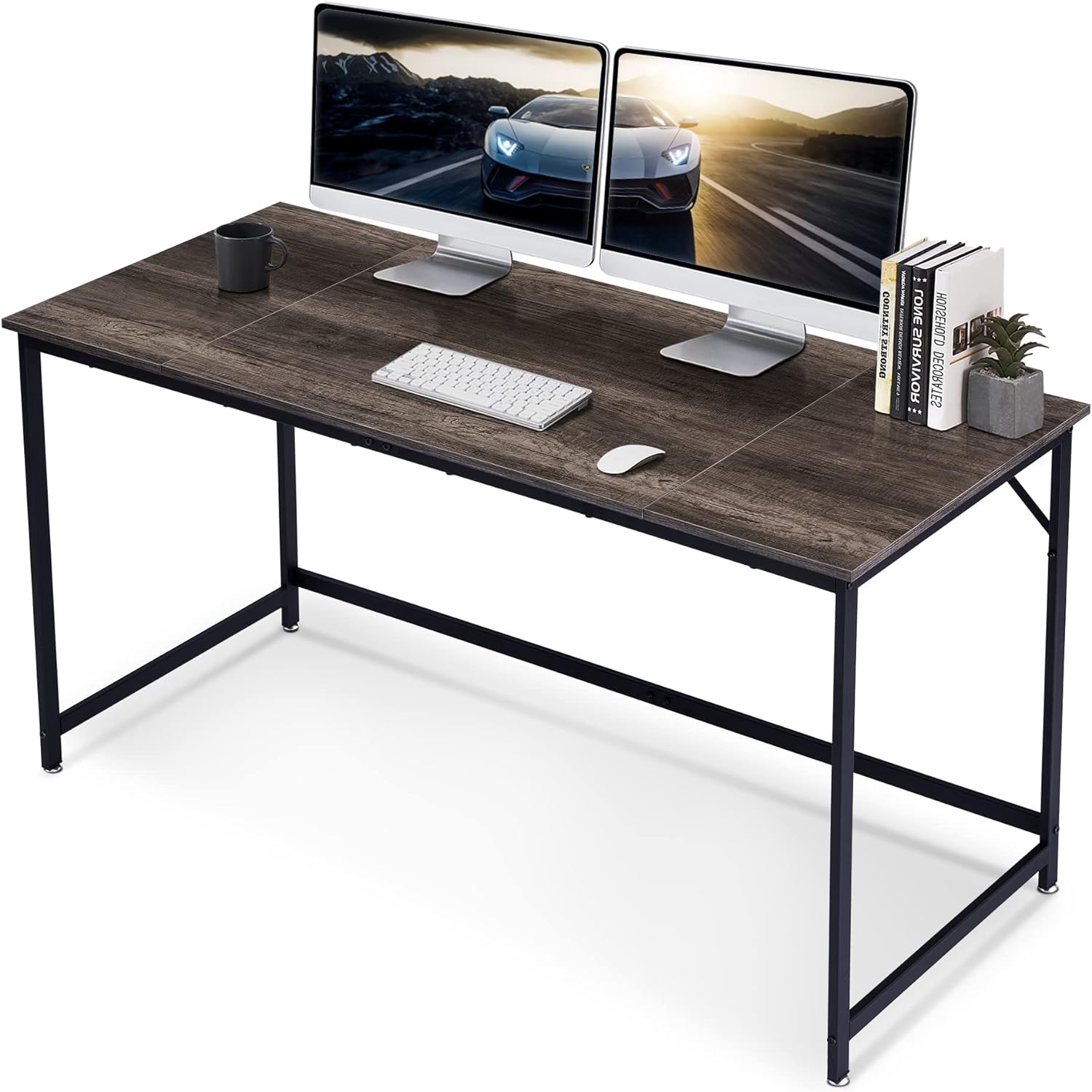 ivinta Computer Desk, 55inch Large Writing Desk for Home Office, Wooden Industrial Study Desk with Black Frame, Rectangle Laptop Desk, Simple Workstation, Sturdy PC Table, (Easy Assemble, Grey)