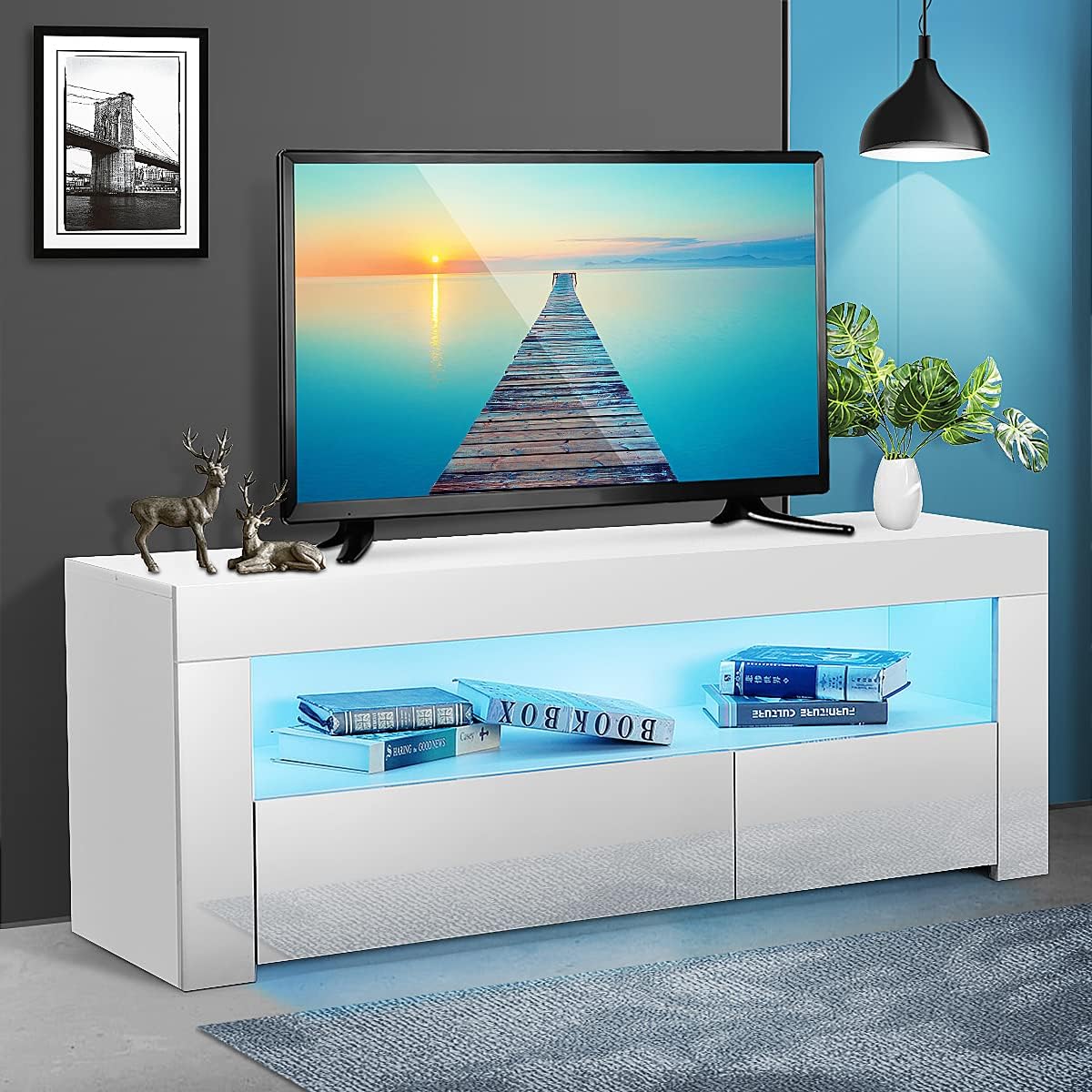 HOMMPA Led TV Stand for 55 inch TVs Modern Black Entertainment Center Media Console with led Lights High Glossy TV Console Table with Storage Drawer and Shelf for Living Room Bedroom White 55 inch