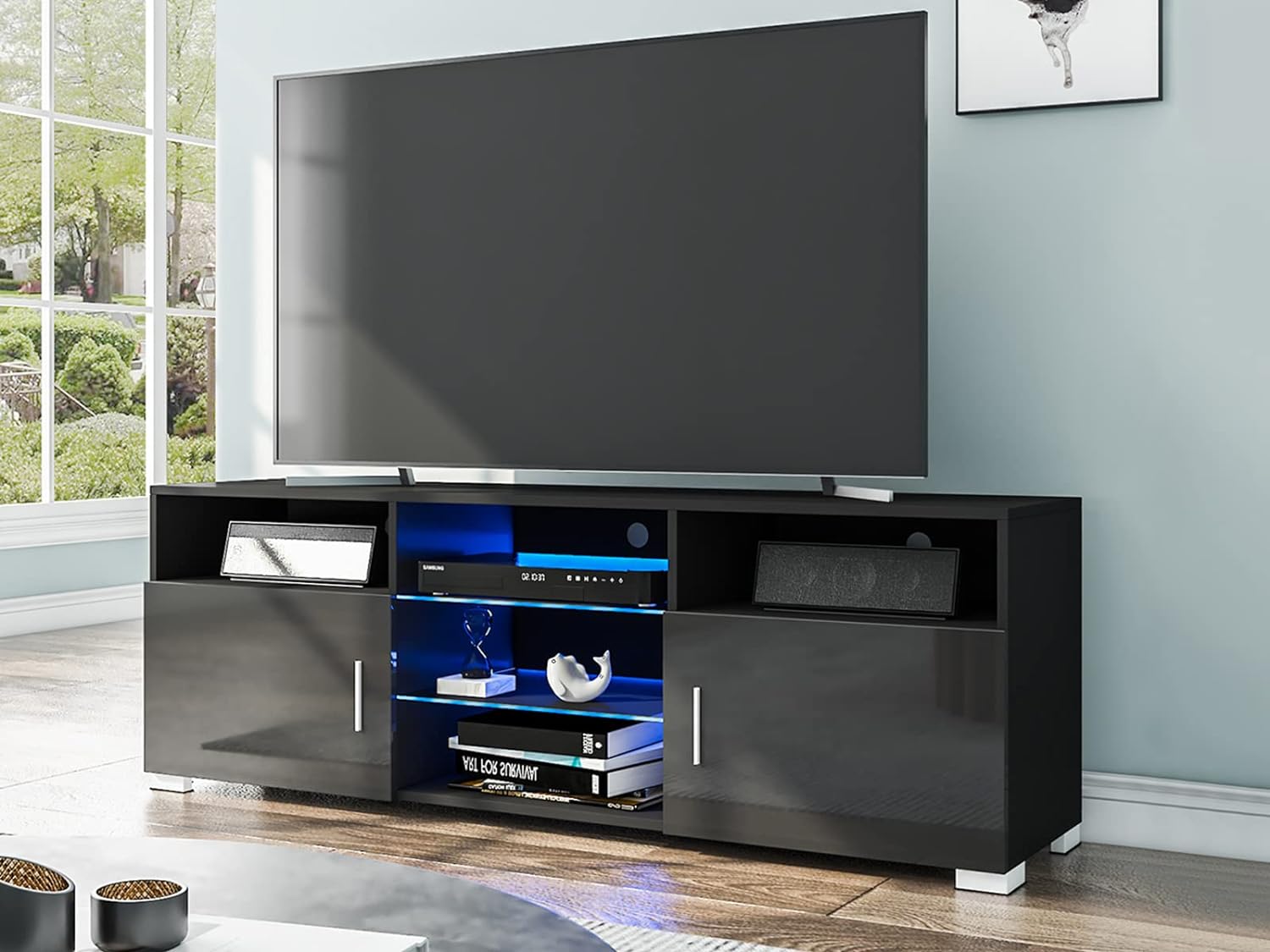 HOMMPA LED TV Stand for 65 inch TV Black LED Entertainment Center with High Glossy Storage Modern Gaming TV Media Console with Led Light Open Glass Shelves for Living Room 19.6 Tall