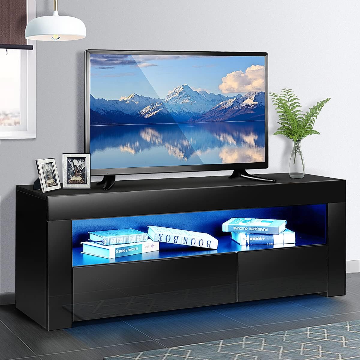 HOMMPA Led TV Stand for 55 inch TVs Modern Black Entertainment Center Media Console with led Lights High Glossy TV Console Table with Storage Drawer and Shelf for Living Room Bedroom