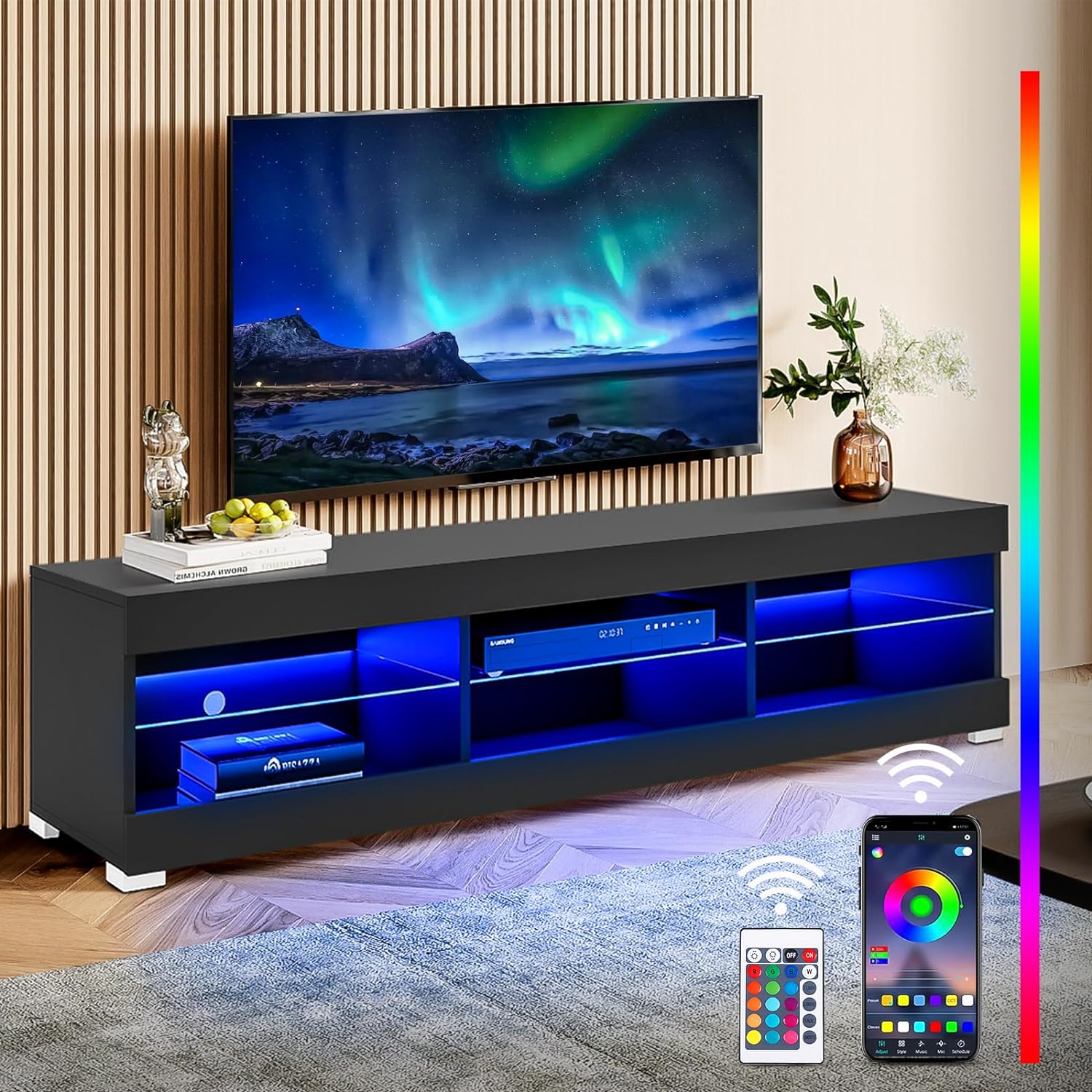 HOMMPA LED TV Stand with LED Lights for 65 inch TV Modern Entertainment Center with Storage 57 Black TV Console with Glass Shelves for Living Room 15 Tall