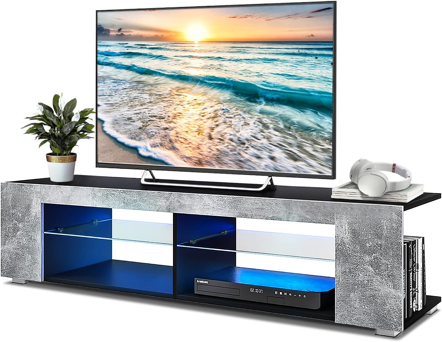 HOMMPA LED TV Stand for 65 Inch TVs Modern Low Profile Entertainment Center with LED Lights 57 Inch Small TV Console Media Table with Glass Shelves Hidden Side Bookshelf for Living Room Grey Black