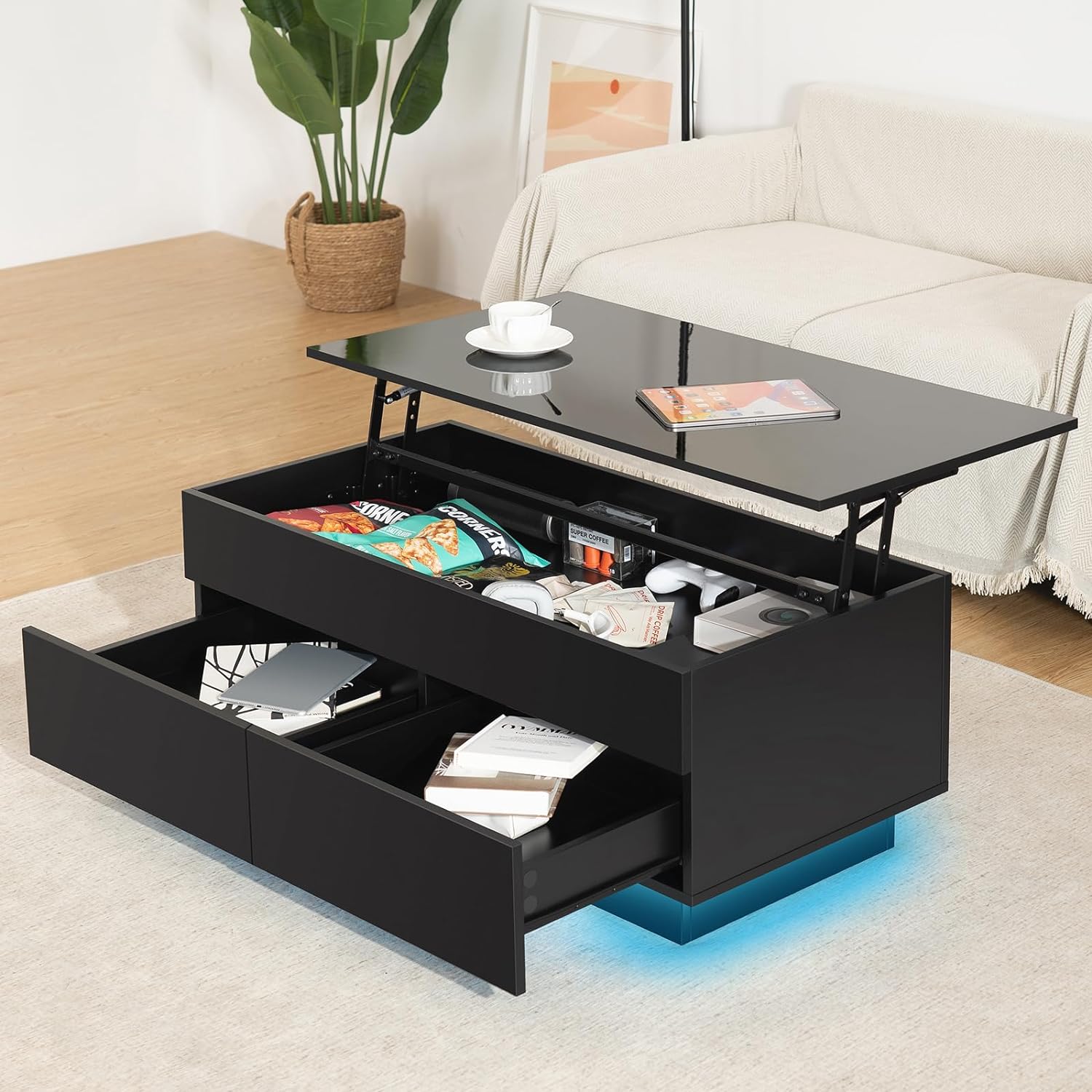 HOMMPA Lift Top Coffee Table with Hidden Storage LED Coffee Table Morden High Gloss Black Living Room 3 Tiers Modern Tea Table with Storage Center Tables Hidden Compartment & 2 Drawers