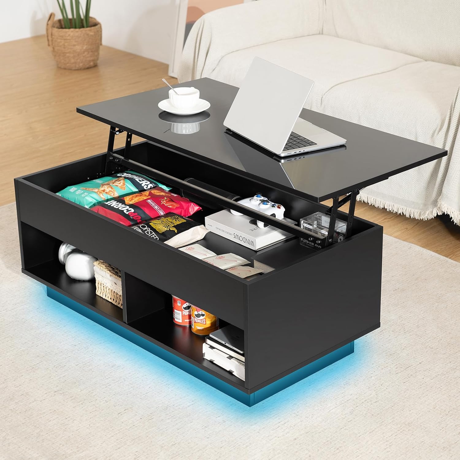 HOMMPA Lift Top Coffee Table with Hidden Storage LED Coffee Table Morden High Gloss Black Living Room 3 Tiers Modern Tea Table with Storage Center Tables Hidden Compartment & 2 Open Shelves