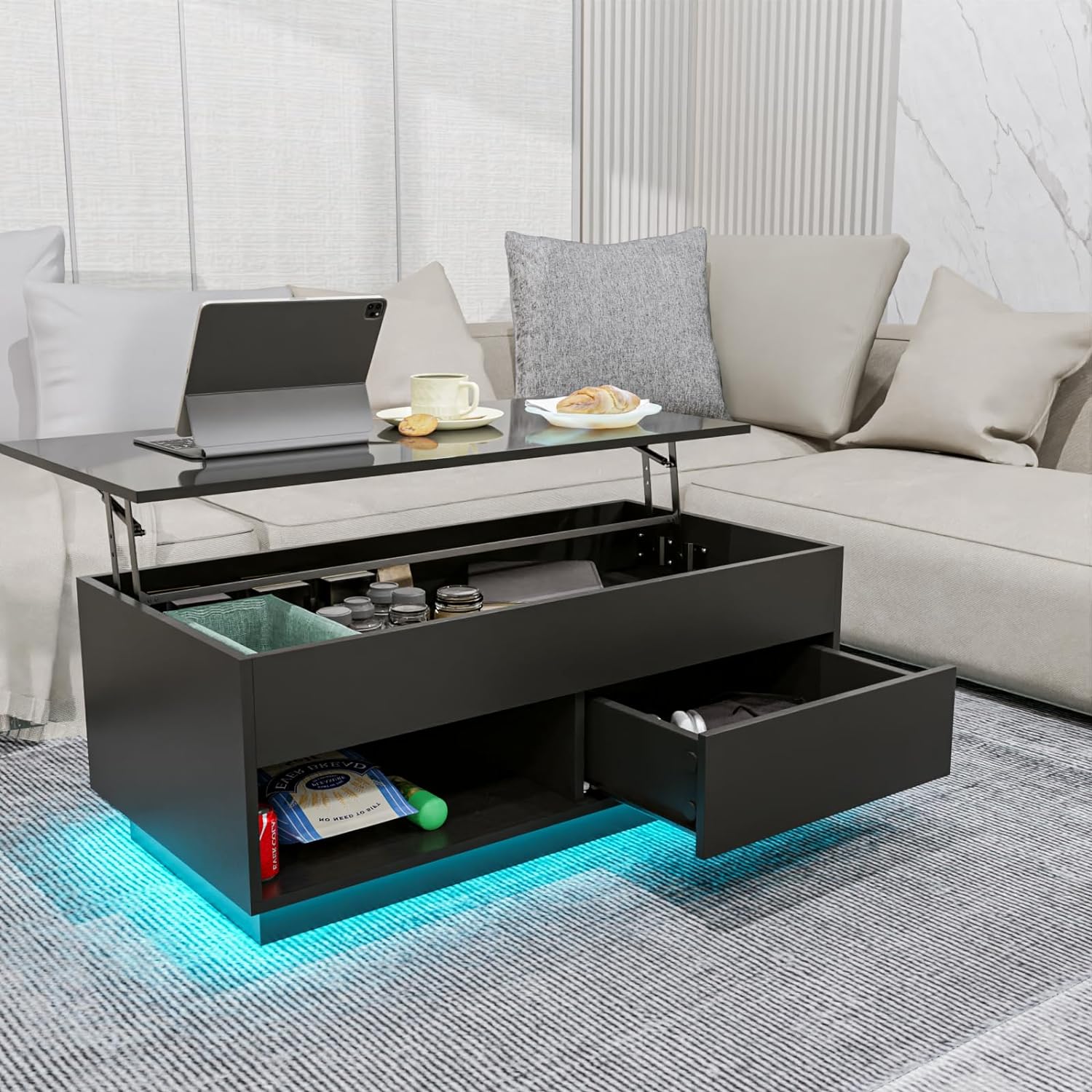 HOMMPA Lift Top Coffee Table with Storage LED Coffee Table Morden High Gloss Living Room 3 Tiers Modern Tea Table with Storage Center Tables Hidden Compartment & Open Shelve & Drawer Black