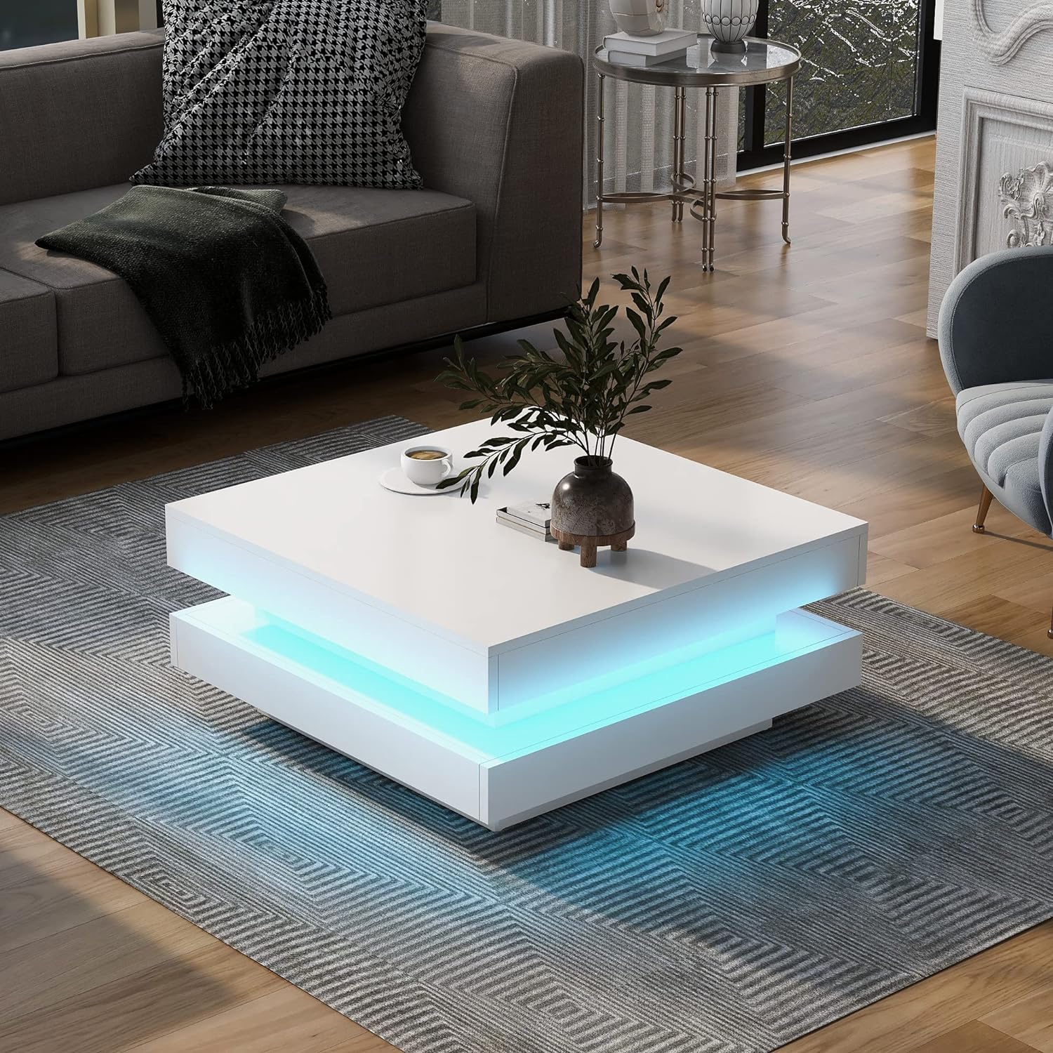 Merax 31.5 * 31.5in Square LED Light Coffee Table, 2-Tier Square Cocktail Table with LED Lights and Double Layer Storage for Livingroom