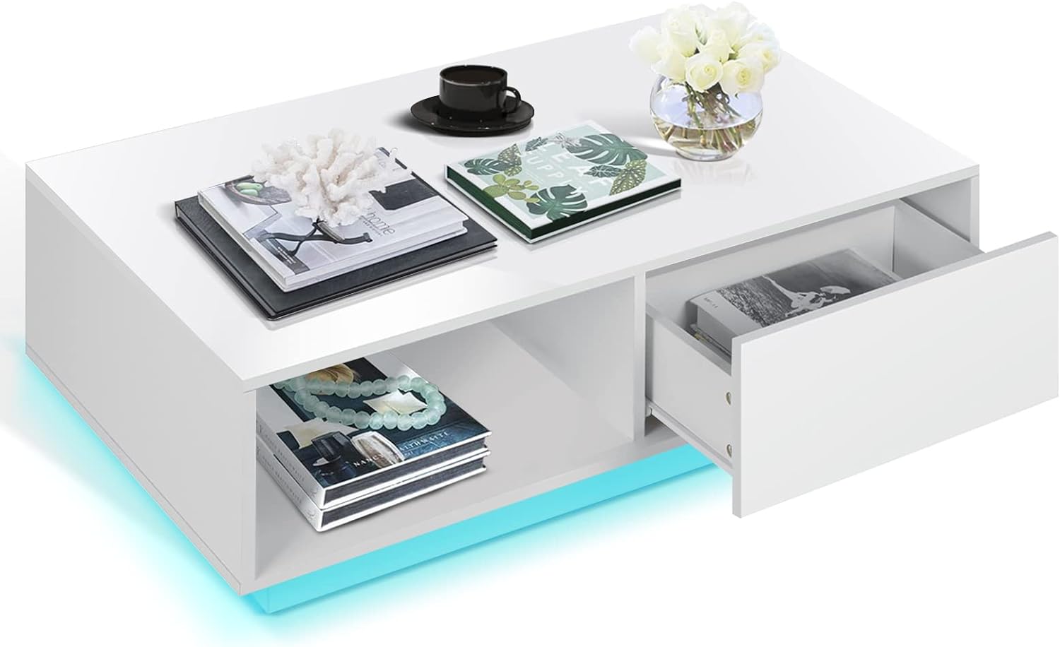 HOMMPA Led Coffee Table for Living Room White Coffee Table Modern Led Center Table with 2 Drawers Storage High Gloss Tabletop and Small Cocktail Table with Led Lights