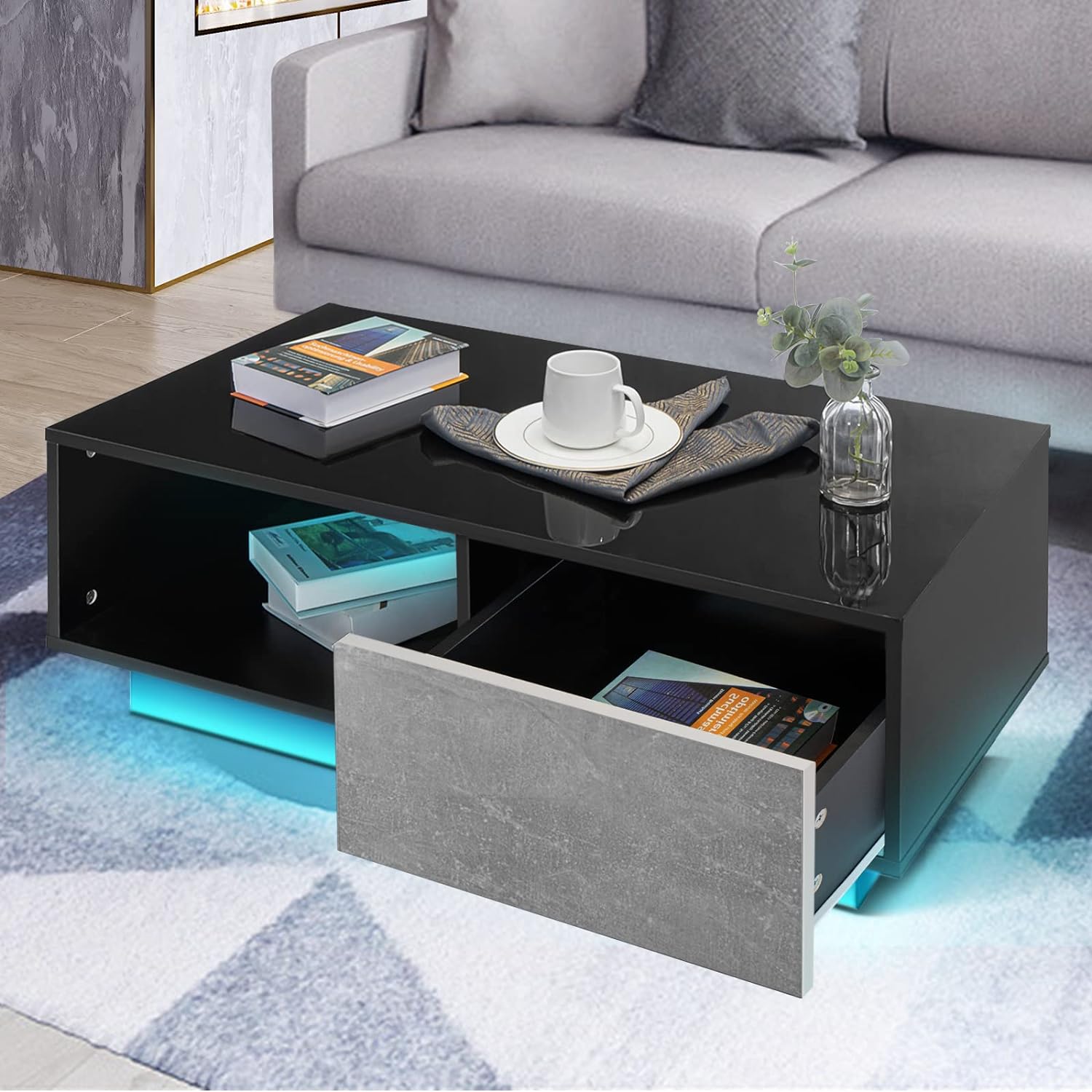 HOMMPA Small LED Coffee Tables for Living Room Grey Coffee Table with LED Lights Modern Low Profile Center Table with High Gloss Table Top for Small Place 13 Tall