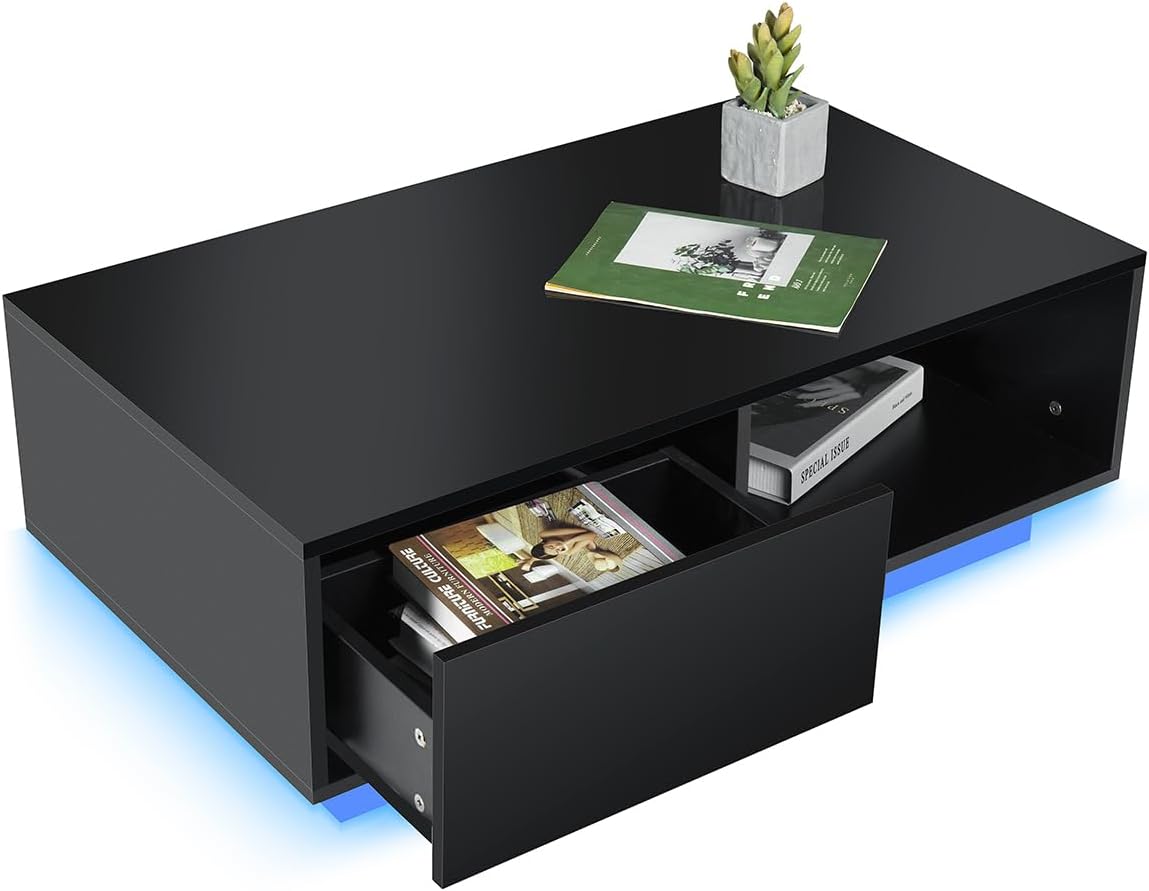 HOMMPA Small LED Coffee Tables for Living Room Black Coffee Table with LED Lights Modern Low Profile Center Table with High Gloss Table Top for Small Place 13 Tall